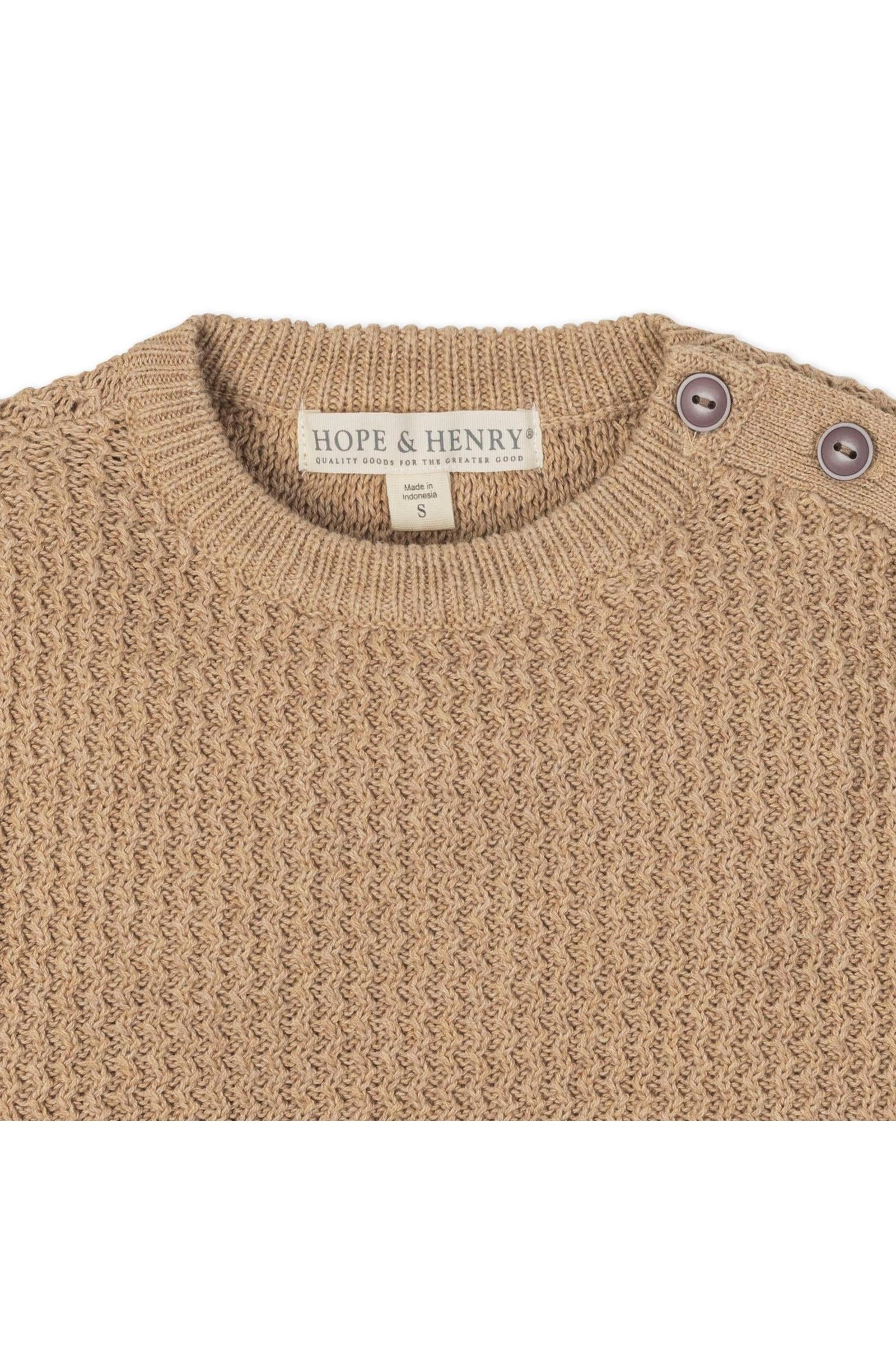 Organic Cotton Crewneck Sweater with Buttons for Boys, Camel, Sizes 2T-14