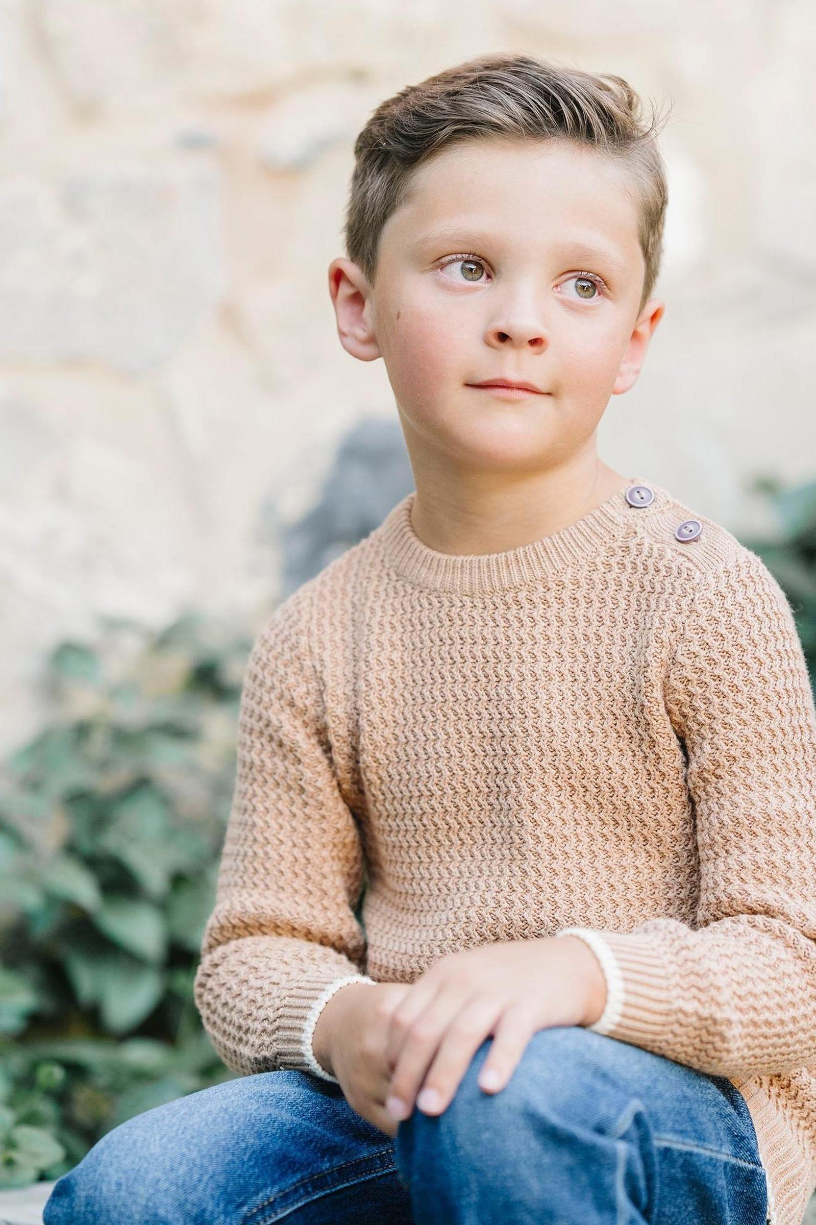 Organic Cotton Crewneck Sweater with Buttons for Boys, Camel, Sizes 2T-14