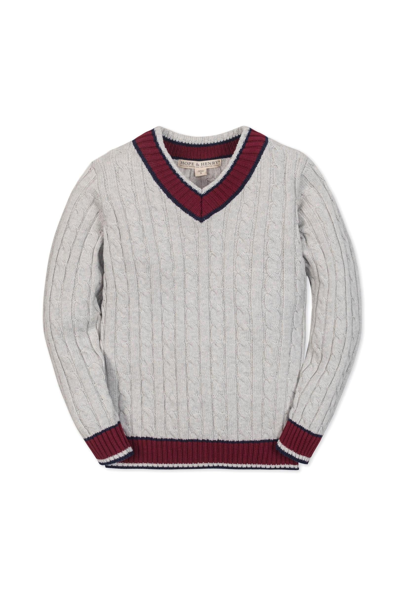 Organic Cotton V-Neck Cricket Sweater for Boys, Light Gray, Sizes 2T-14