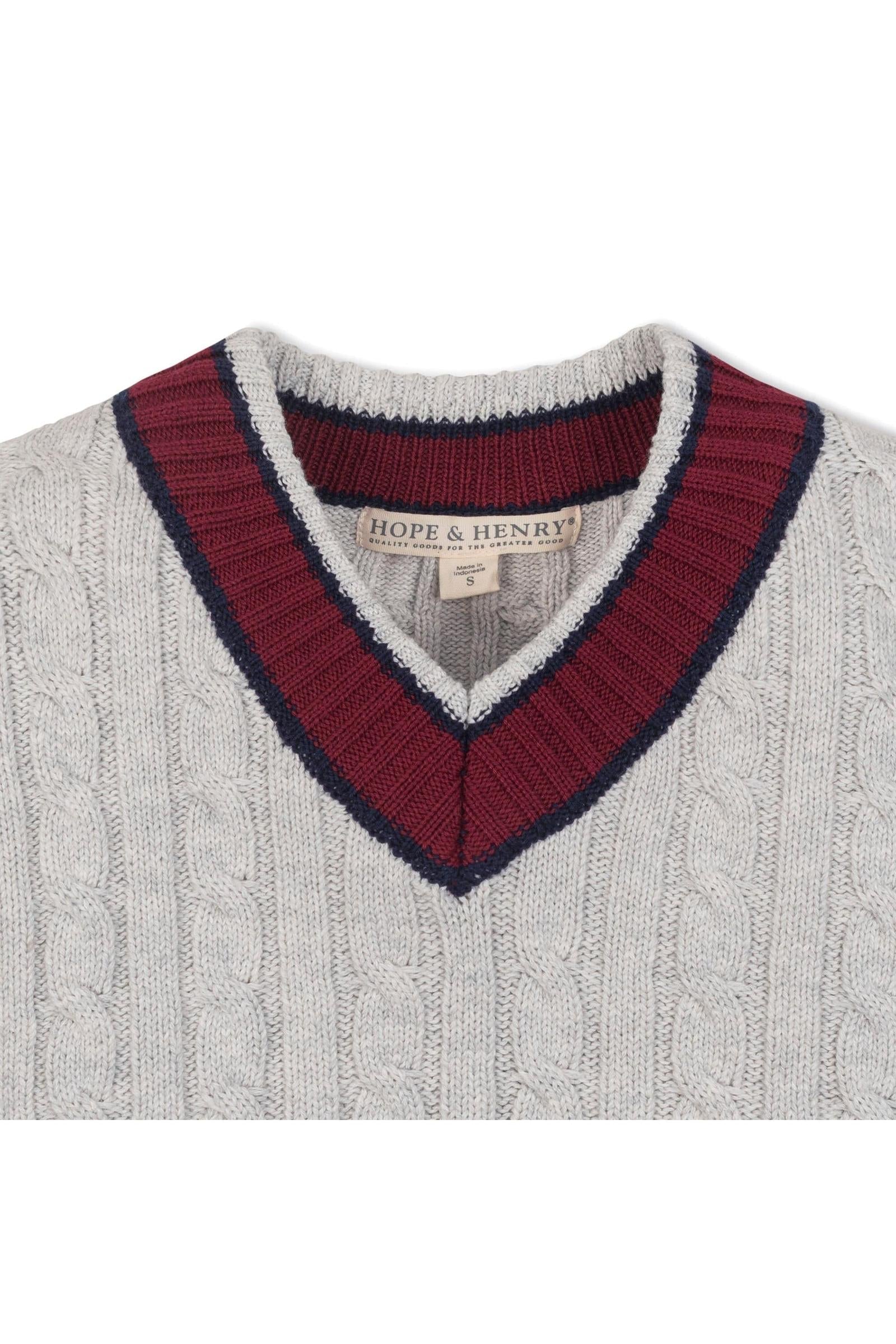 Organic Cotton V-Neck Cricket Sweater for Boys, Light Gray, Sizes 2T-14