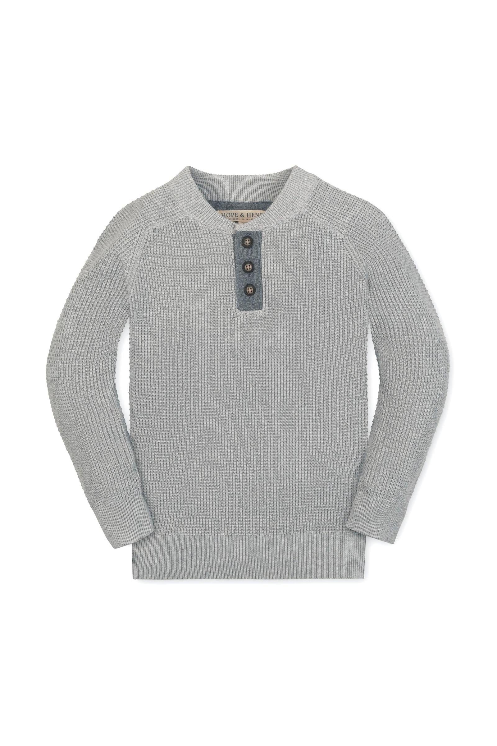 Organic Cotton Sweater Henley with Elbow Patches for Boys, Gray, Sizes 2T-14