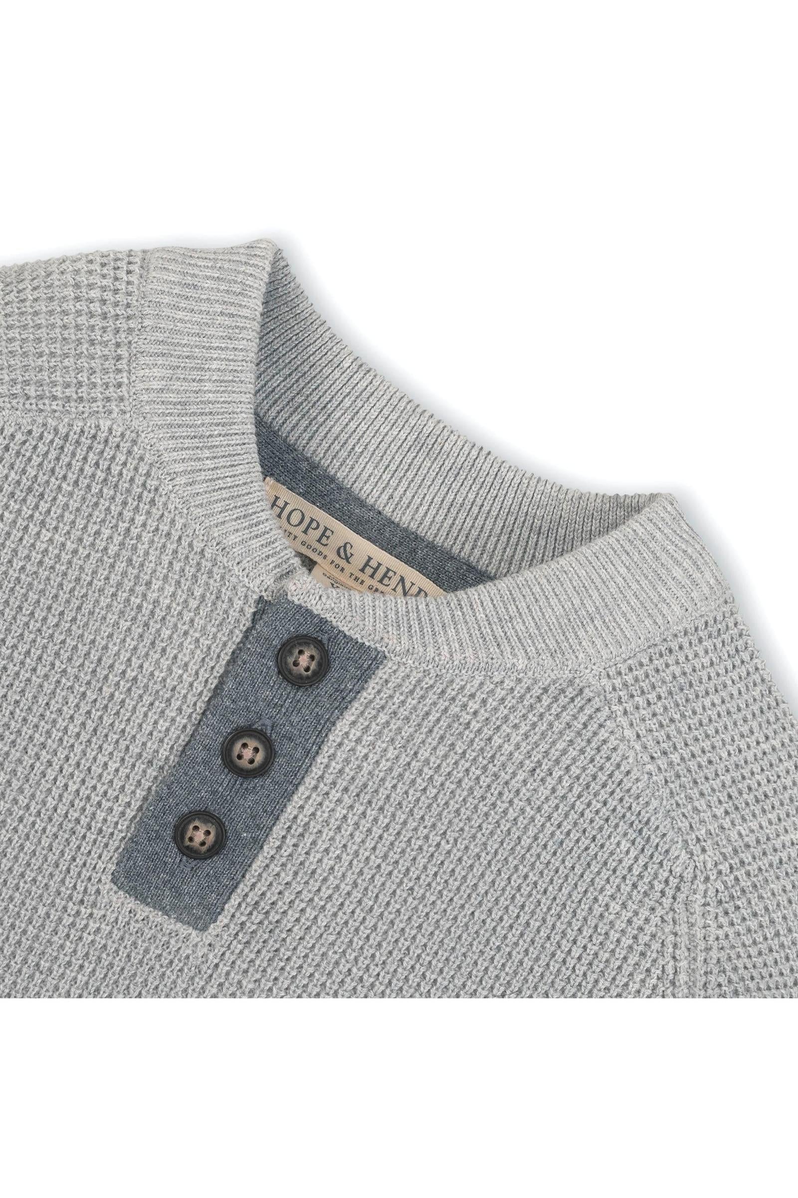 Organic Cotton Sweater Henley with Elbow Patches for Boys, Gray, Sizes 2T-14