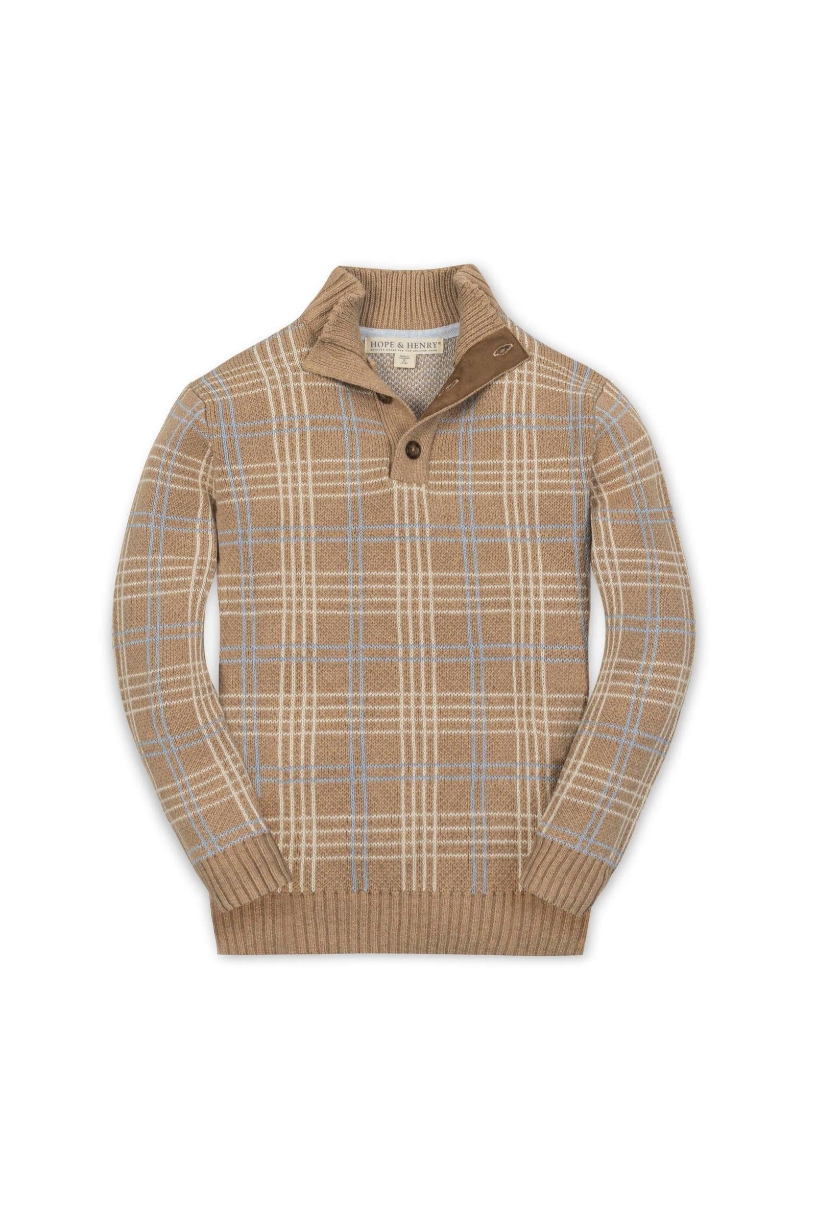 Organic Cotton Mock Neck Sweater for Boys, Camel Heather Plaid, Sizes 5-18
