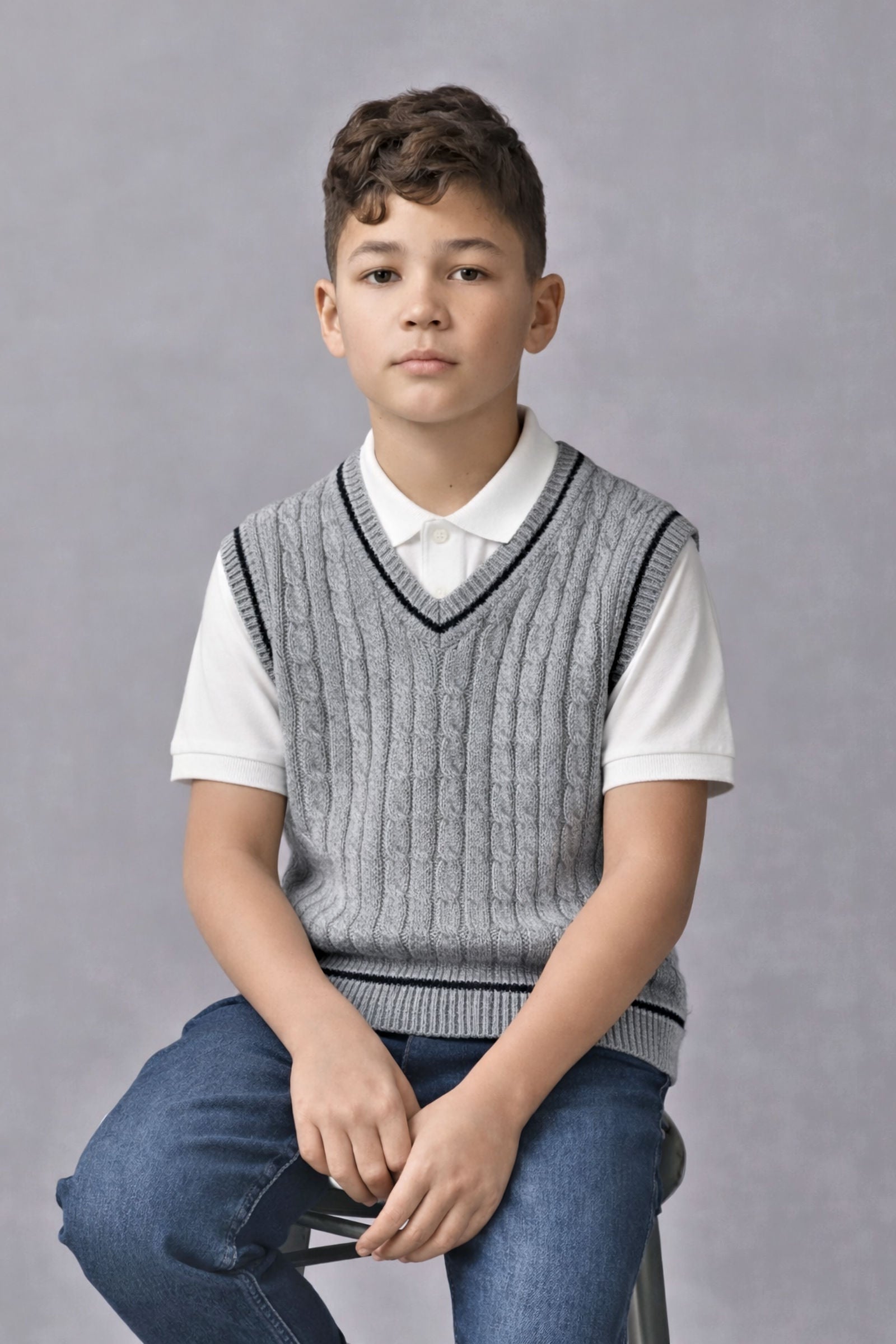 Organic Cotton Cable Sweater Vest for Boys, Gray, Sizes 2T-14