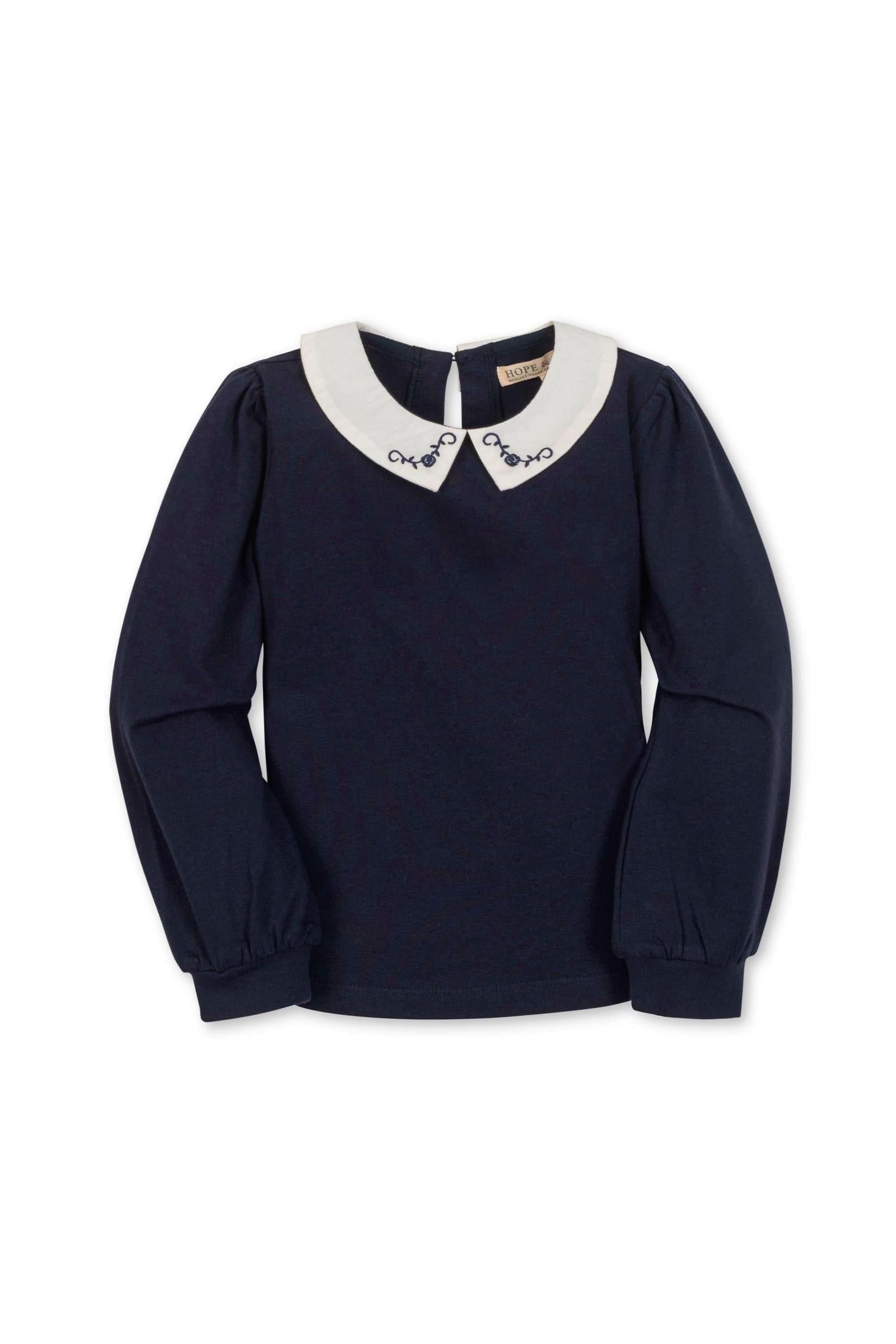 Organic Cotton Peter Pan Collar Knit Top for Girls, Navy, Toddler & Kids