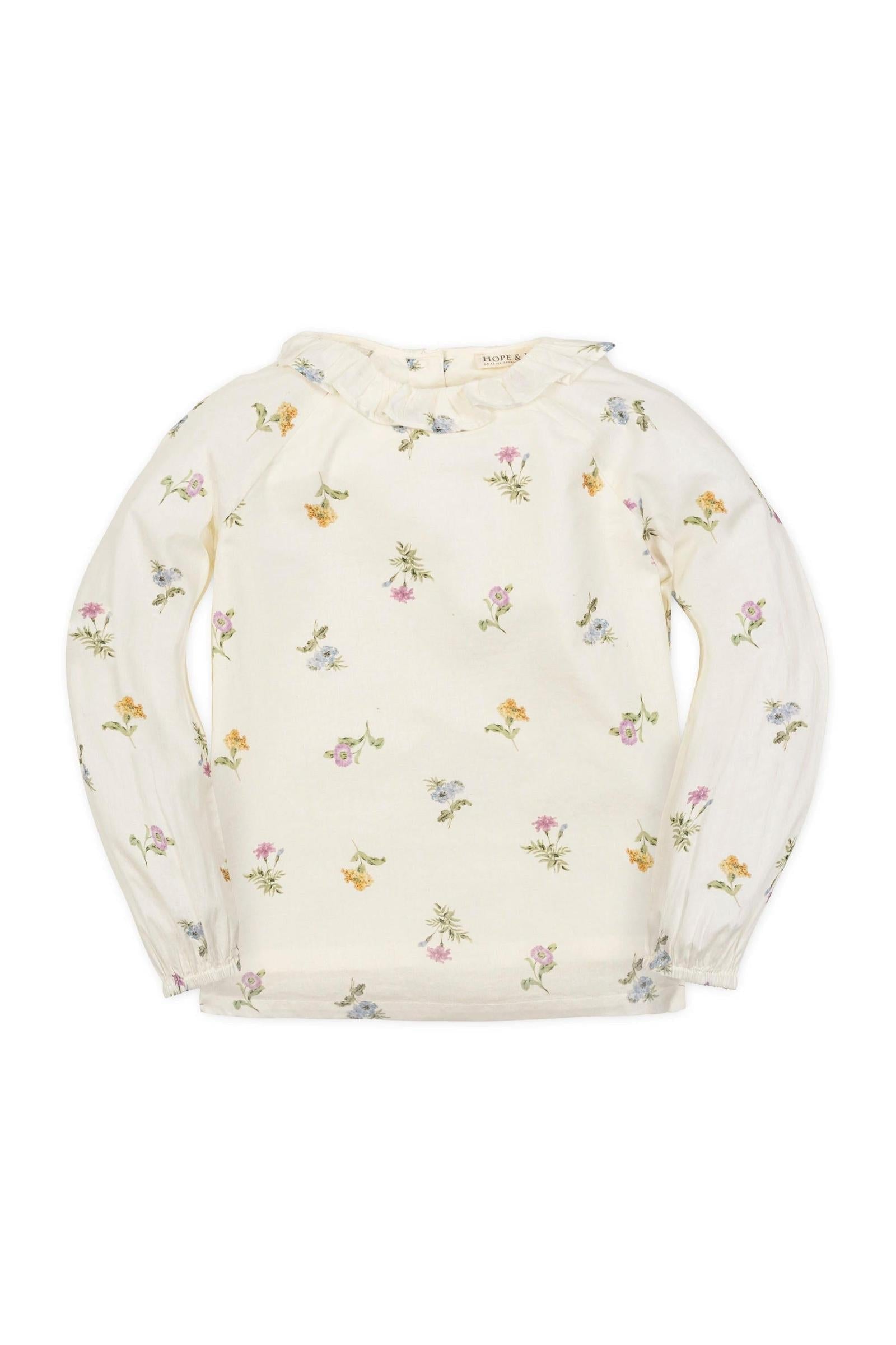 Organic Cotton Ruffle Collar Top For Girls, Ivory Floral, Toddler & Kids