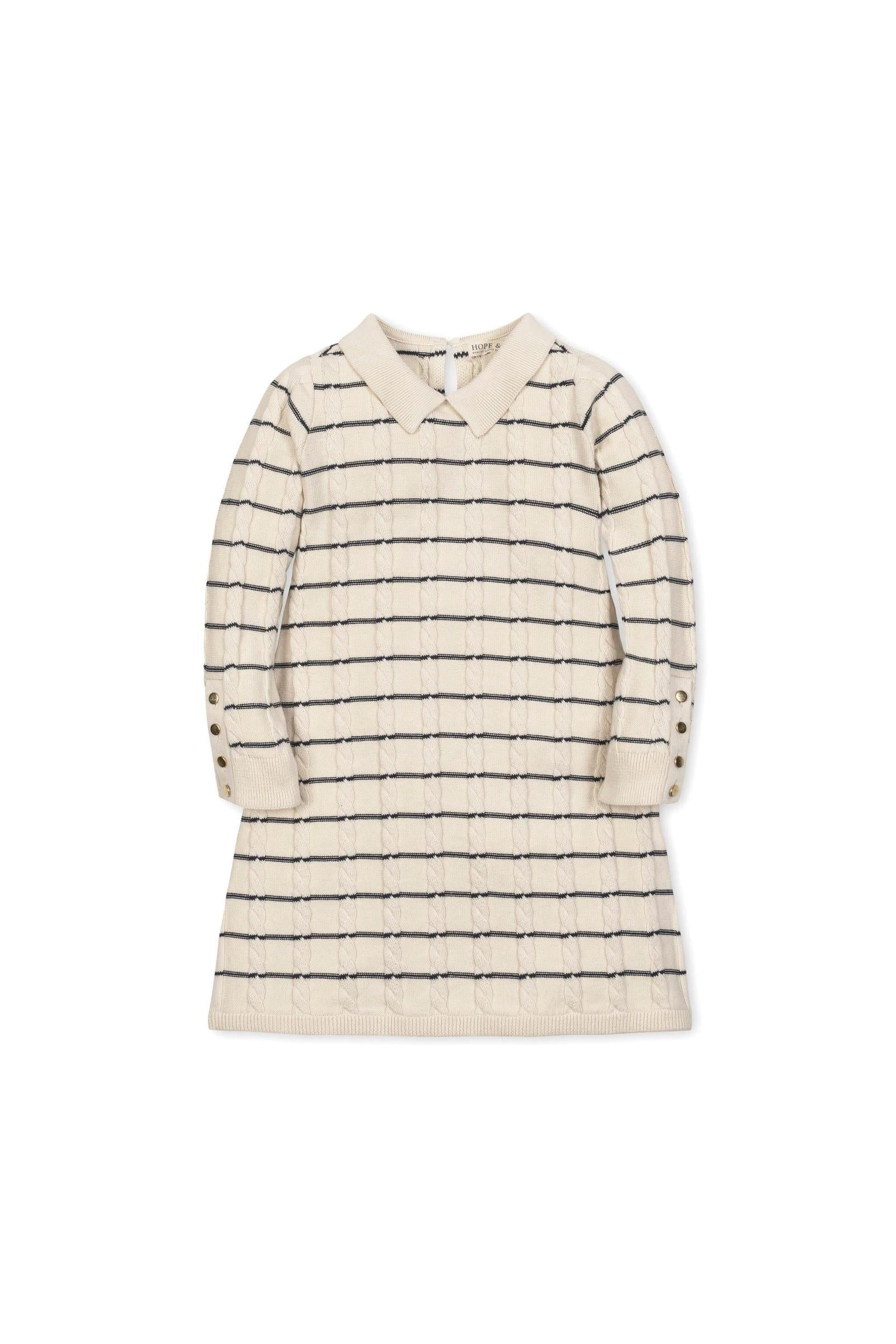 Organic Cotton Cable Knit Peter Pan Collar Sweater Dress For Girls, Ivory Breton Stripe, Toddler & Kids