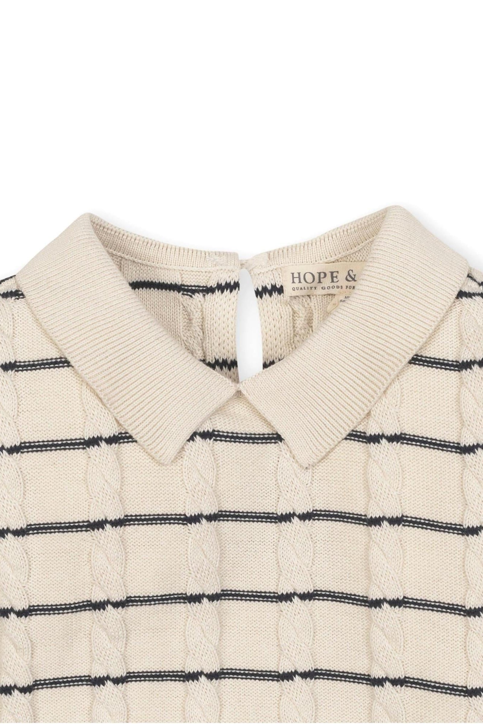 Organic Cotton Cable Knit Peter Pan Collar Sweater Dress For Girls, Ivory Breton Stripe, Toddler & Kids