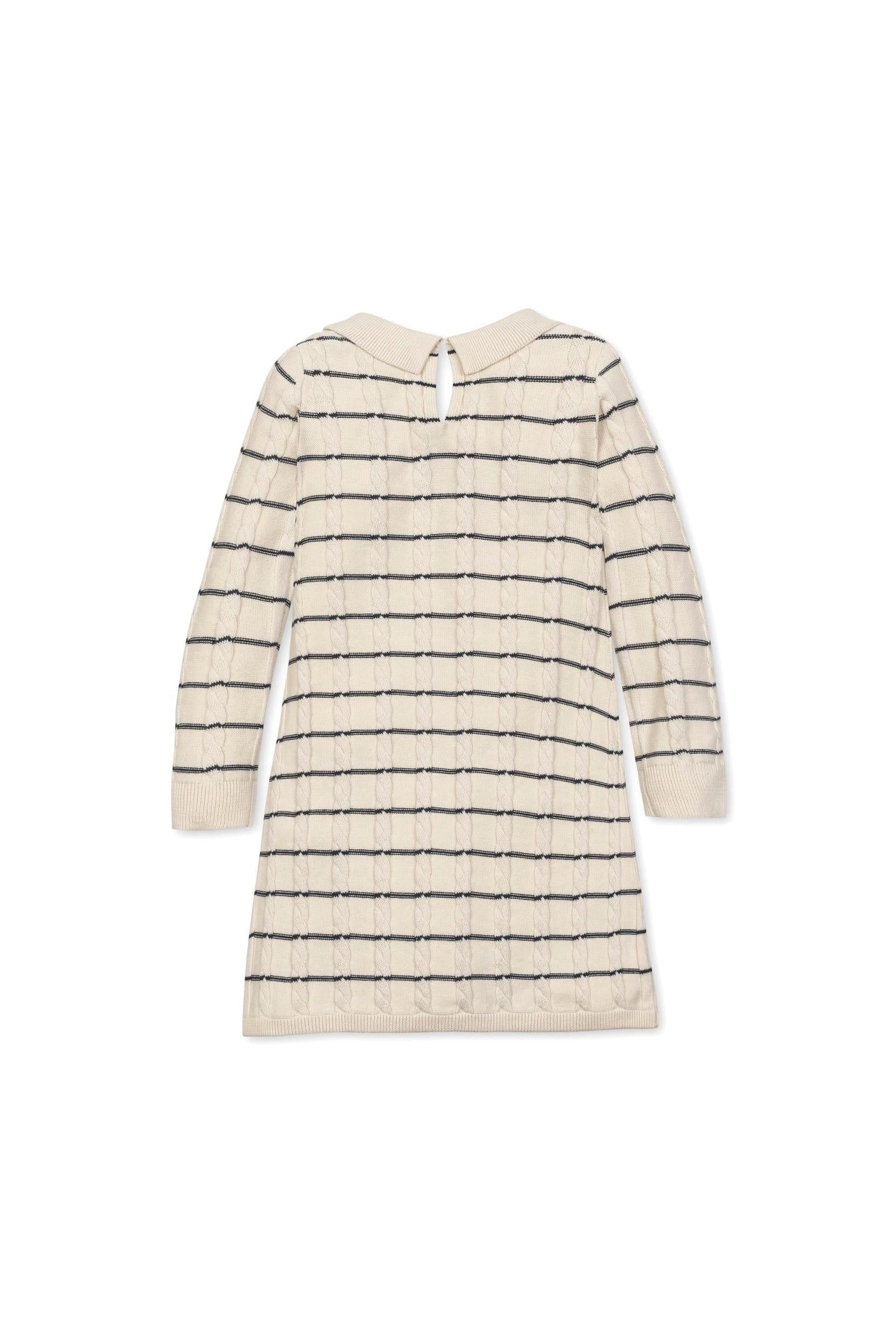 Organic Cotton Cable Knit Peter Pan Collar Sweater Dress For Girls, Ivory Breton Stripe, Toddler & Kids