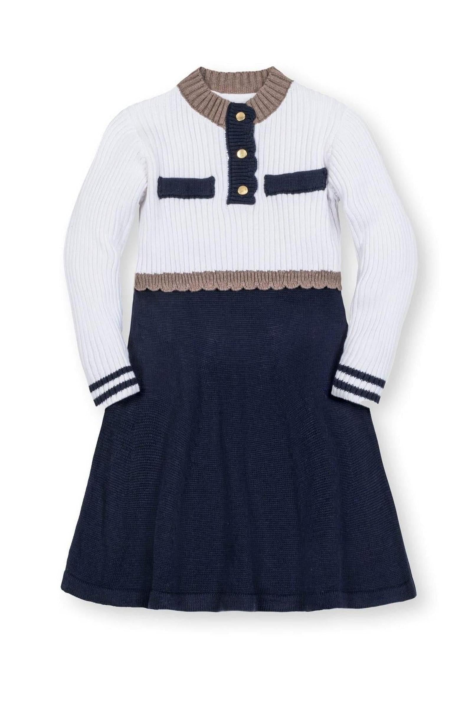 Organic Cotton Mock Neck Henley Sweater Dress for Girls, White & Navy, Toddler & Kids