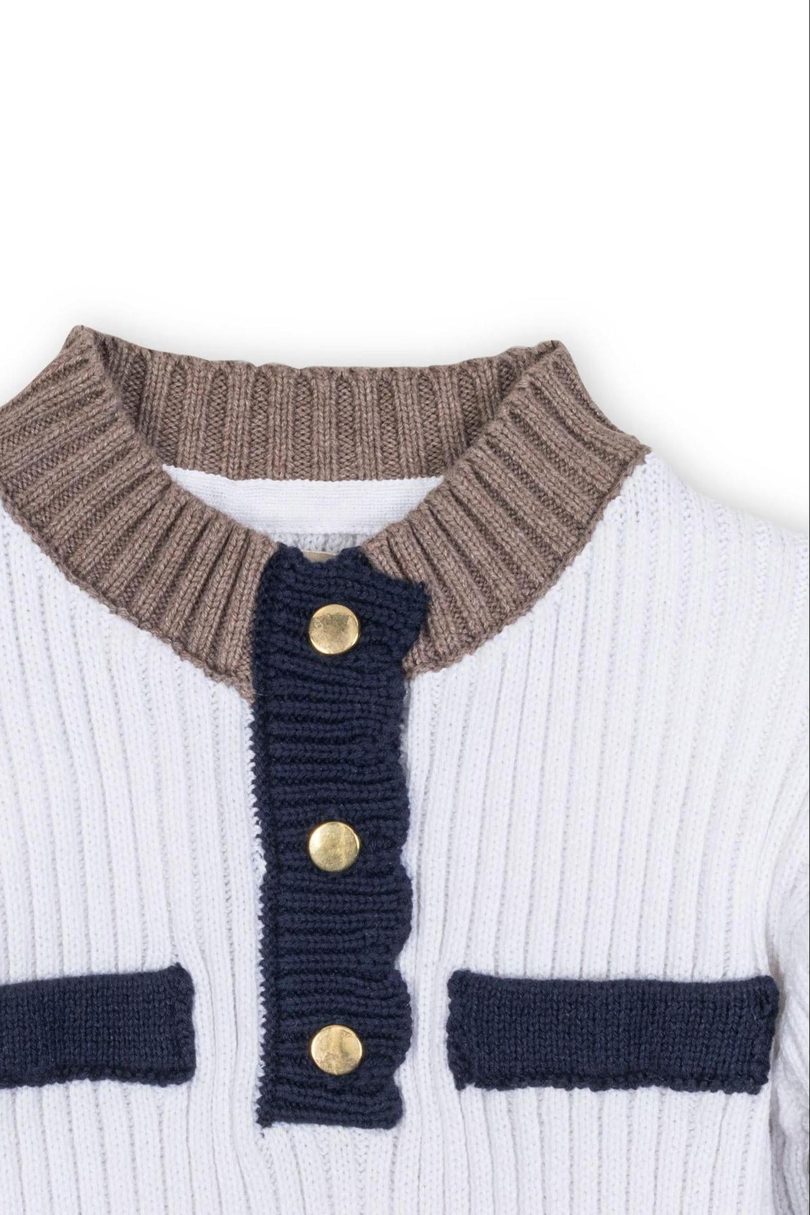 Organic Cotton Mock Neck Henley Sweater Dress for Girls, White & Navy, Toddler & Kids