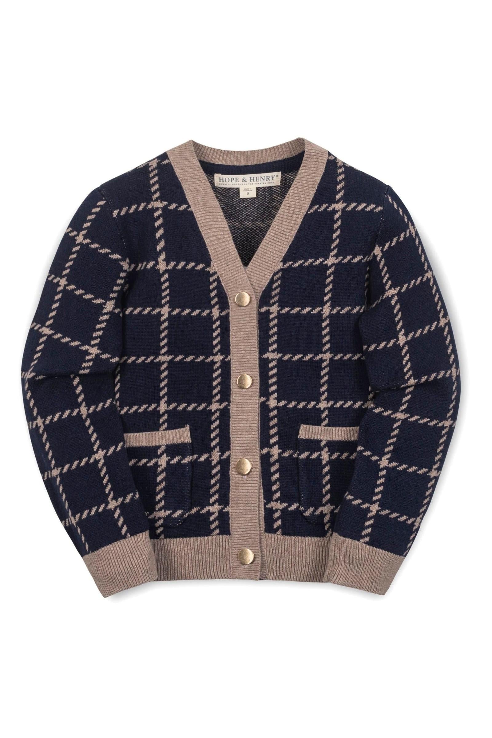 Organic Cotton Boyfriend Cardigan for Girls, Navy & Tan, Toddler & Kids