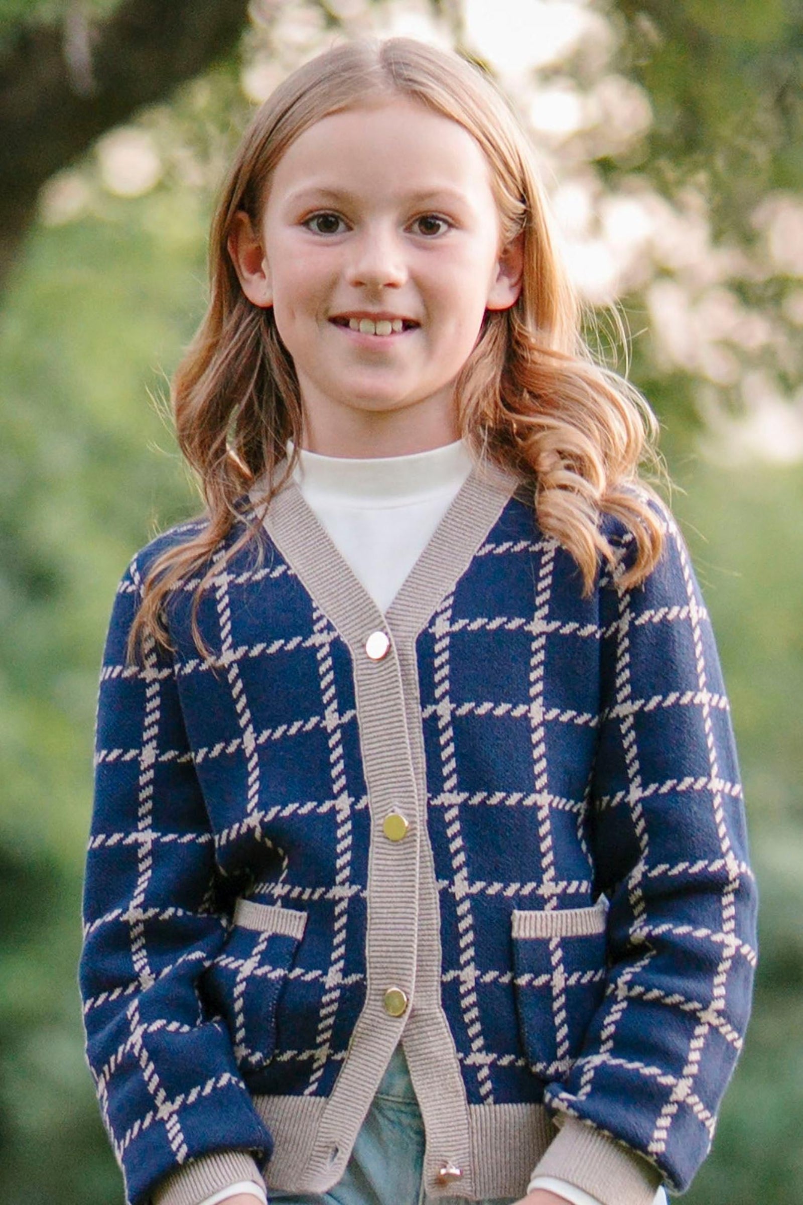 Organic Cotton Boyfriend Cardigan for Girls, Navy & Tan, Toddler & Kids