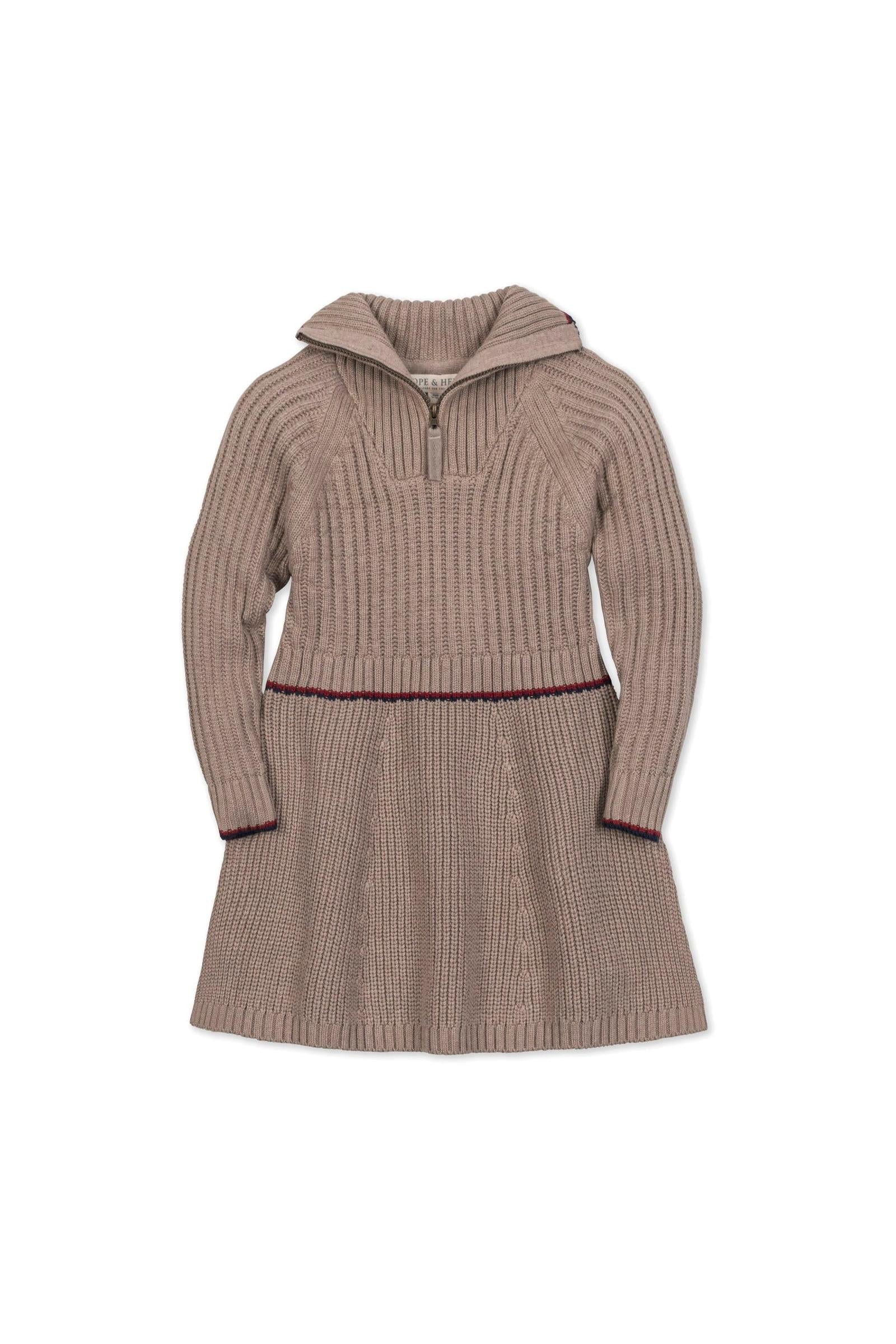 Organic Cotton Half Zip Sweater Dress for Girls, Taupe Heather Rib Knit with Contrast Stripe, Toddler & Kids