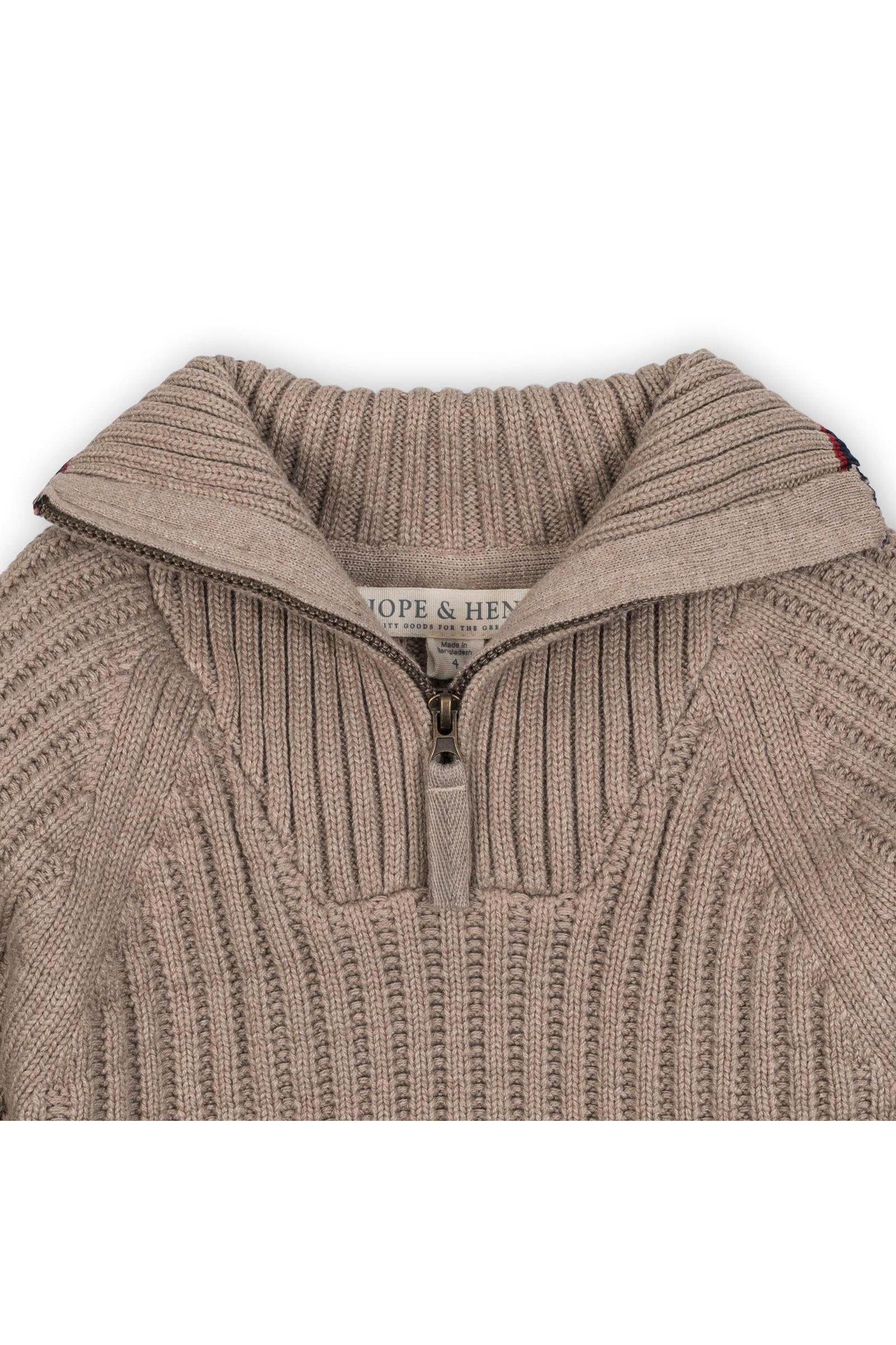 Organic Cotton Half Zip Sweater Dress for Girls, Taupe Heather Rib Knit with Contrast Stripe, Toddler & Kids