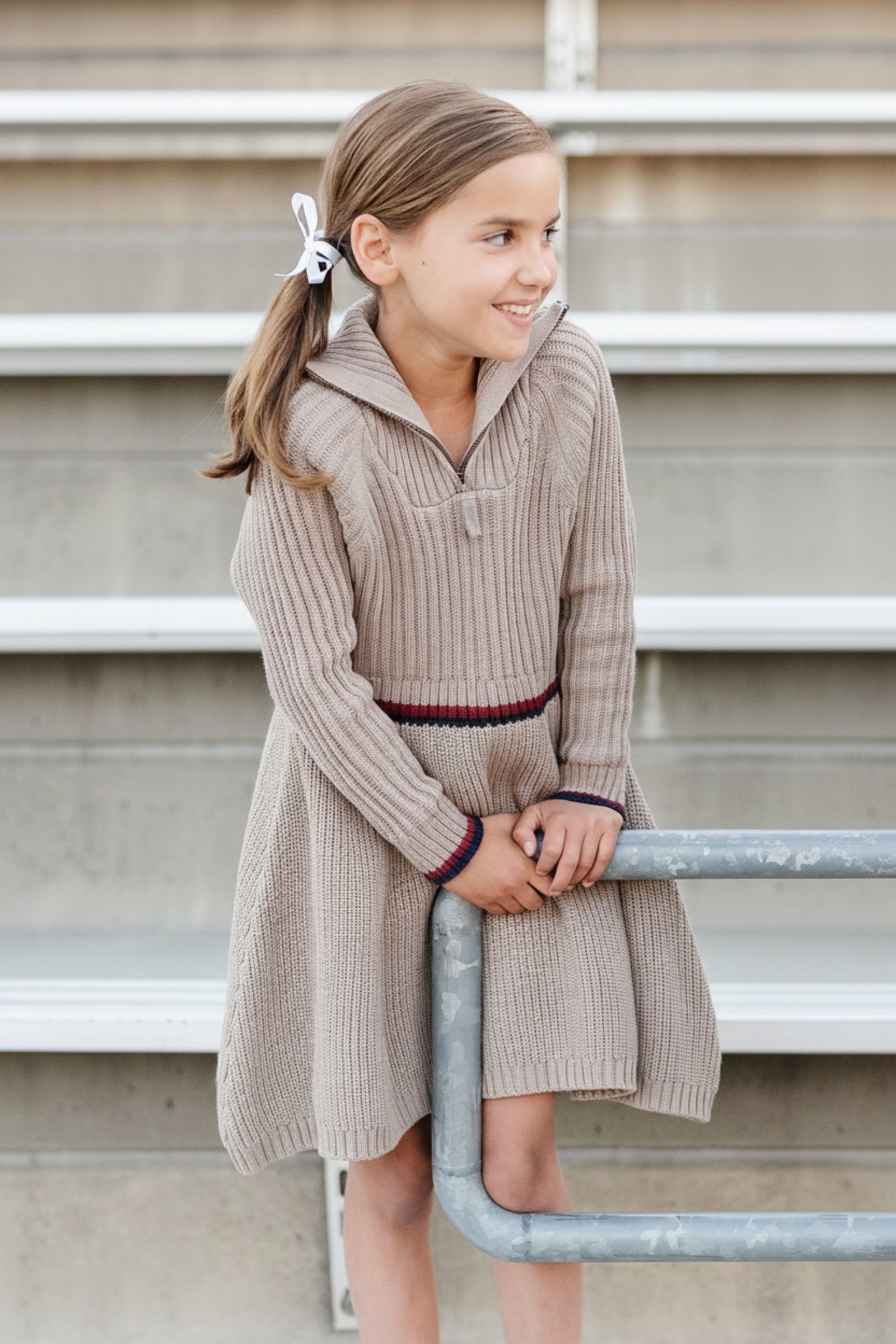 Organic Cotton Half Zip Sweater Dress for Girls, Taupe Heather Rib Knit with Contrast Stripe, Toddler & Kids