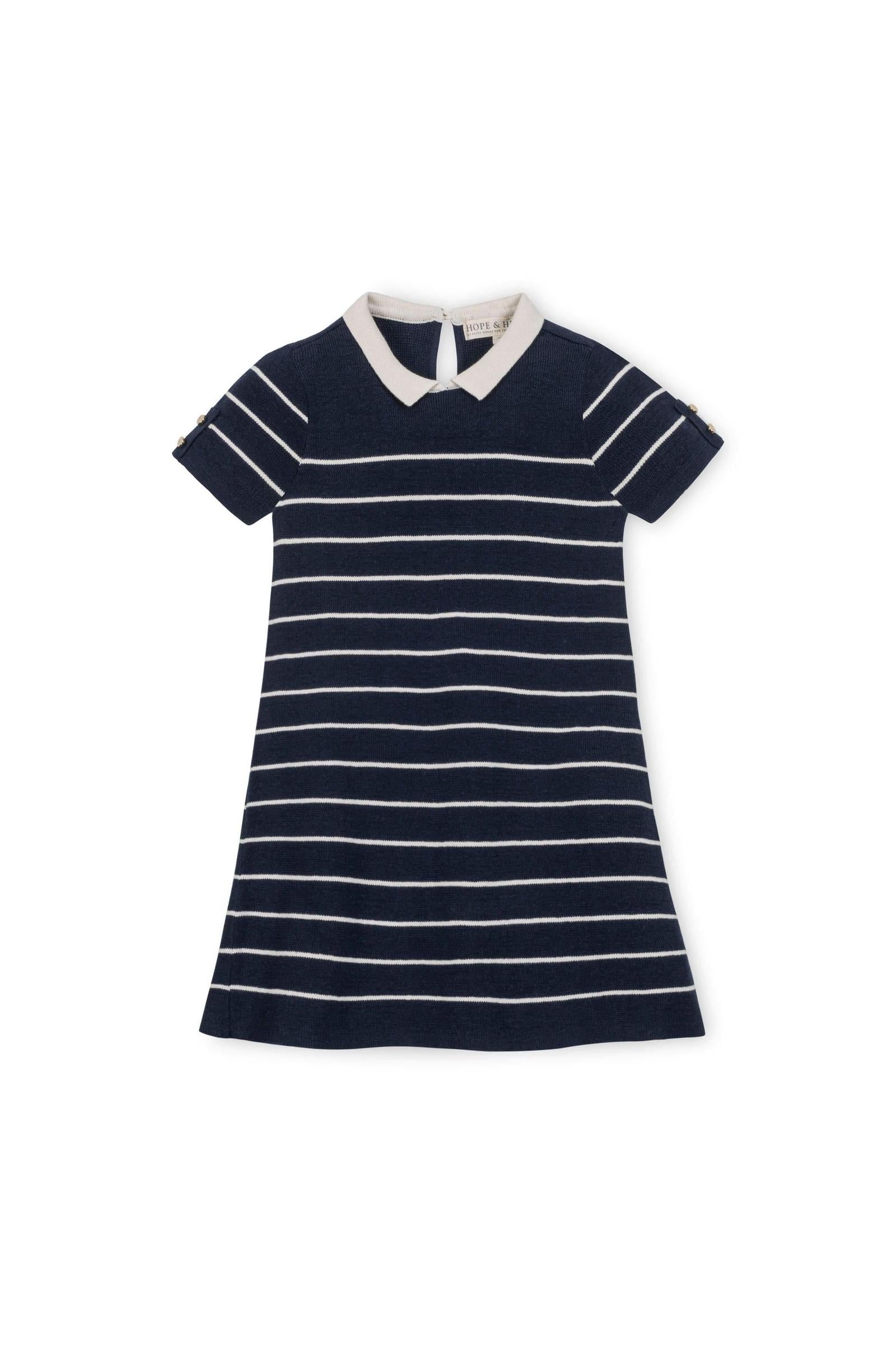 Organic Cotton Short Sleeve Collared Sweater Dress, Navy Stripe, Toddler & Kids