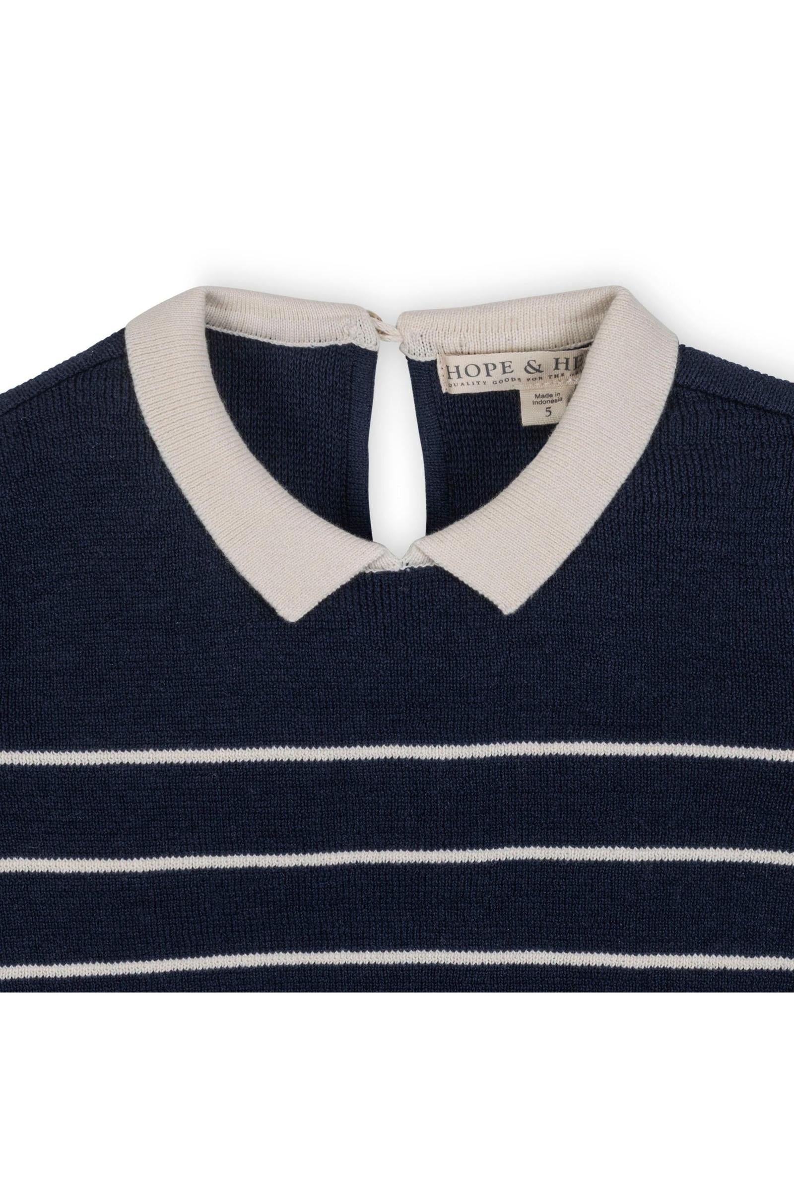 Organic Cotton Short Sleeve Collared Sweater Dress, Navy Stripe, Toddler & Kids