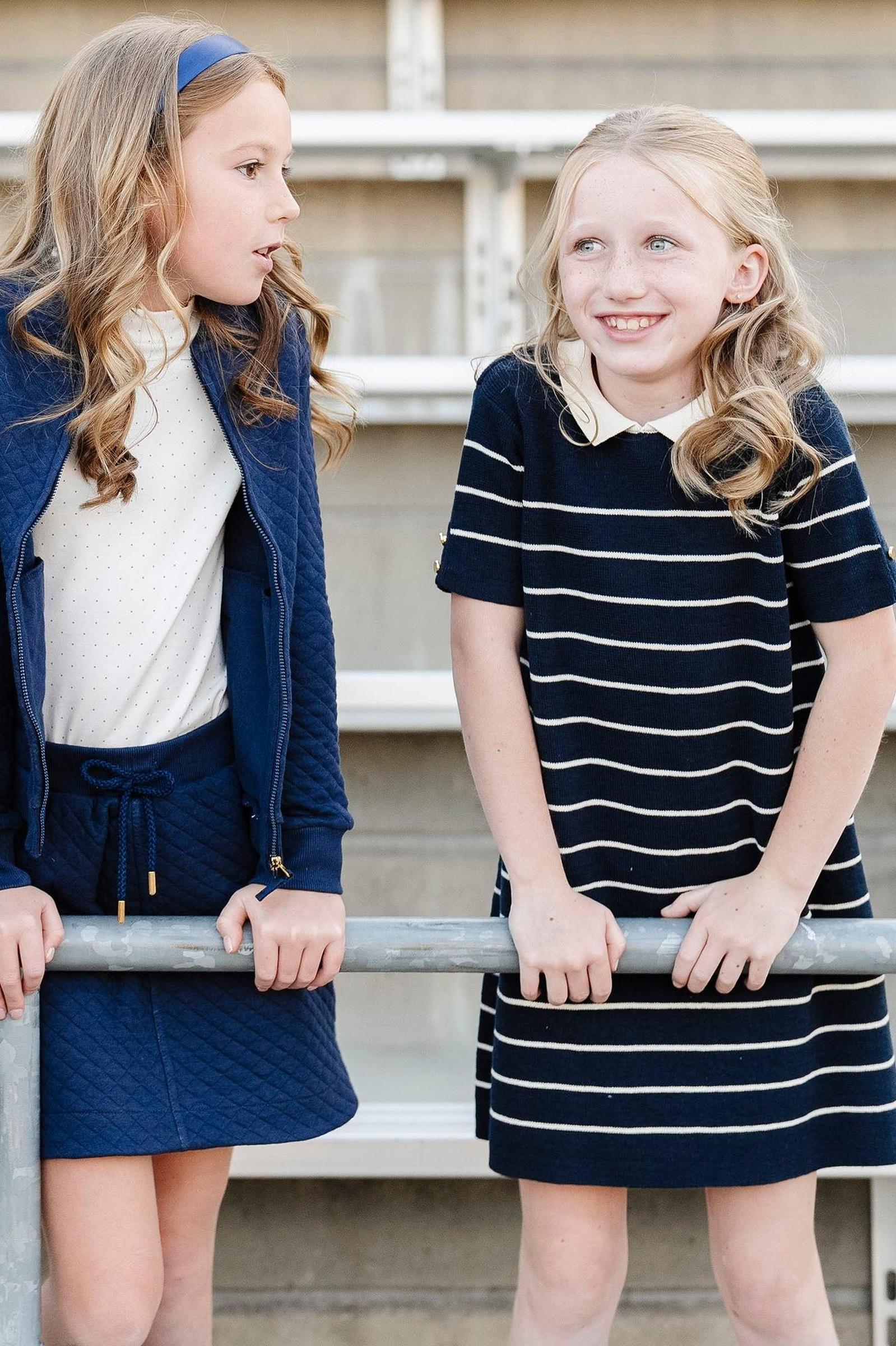 Organic Cotton Short Sleeve Collared Sweater Dress, Navy Stripe, Toddler & Kids