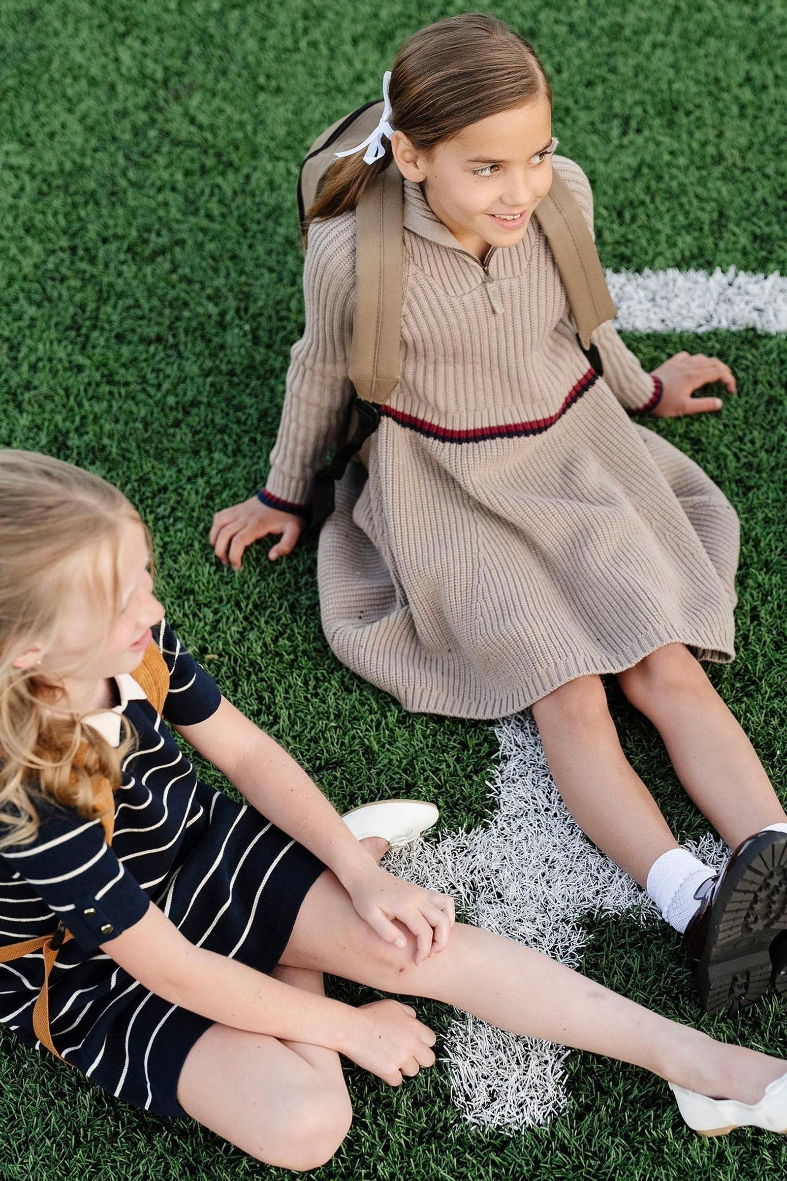 Organic Cotton Short Sleeve Collared Sweater Dress, Navy Stripe, Toddler & Kids