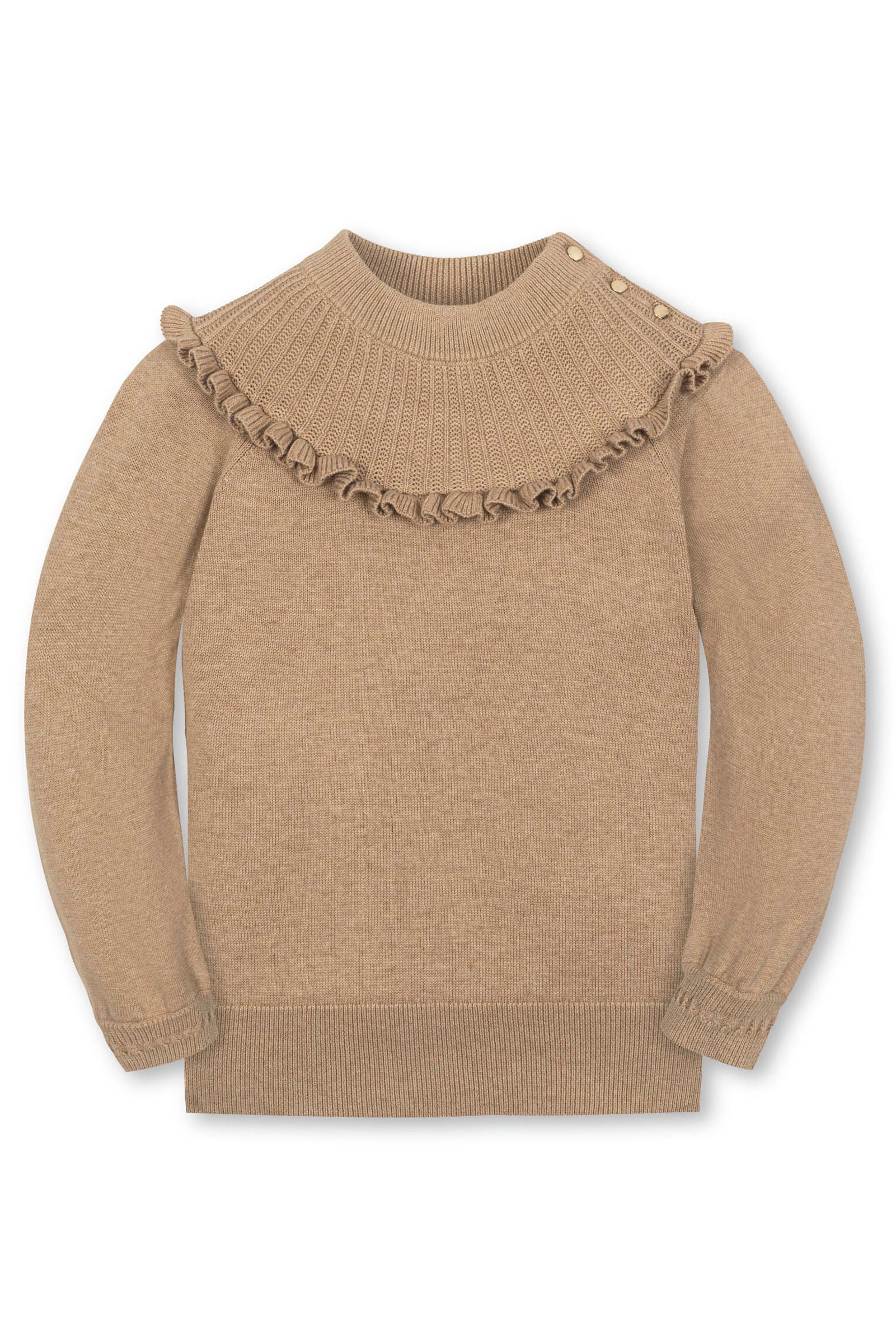 Organic Cotton Mock Neck Ruffle Sweater for Girls, Camel Heather Rib Knit, Toddler & Kids