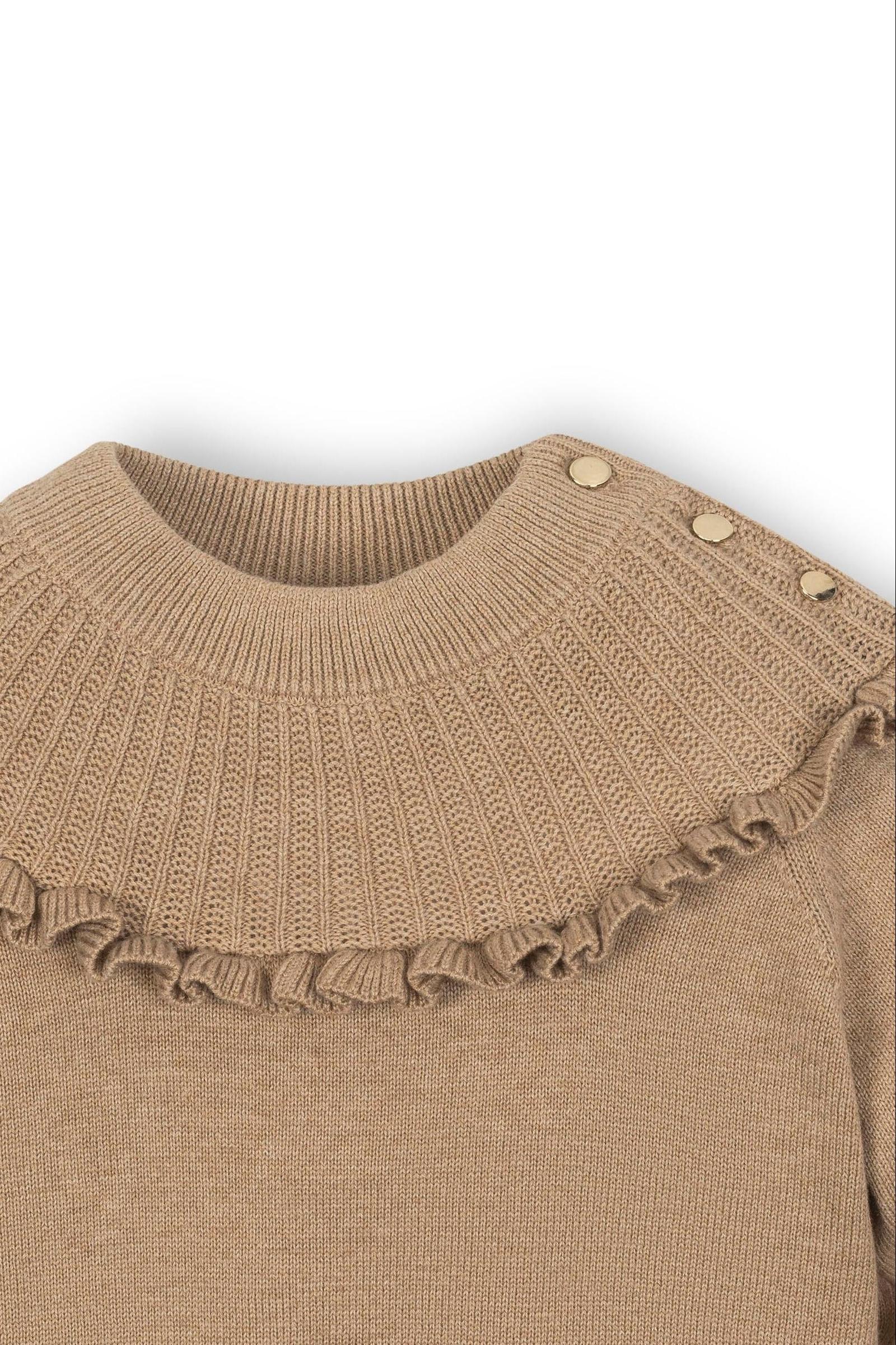 Organic Cotton Mock Neck Ruffle Sweater for Girls, Camel Heather Rib Knit, Toddler & Kids