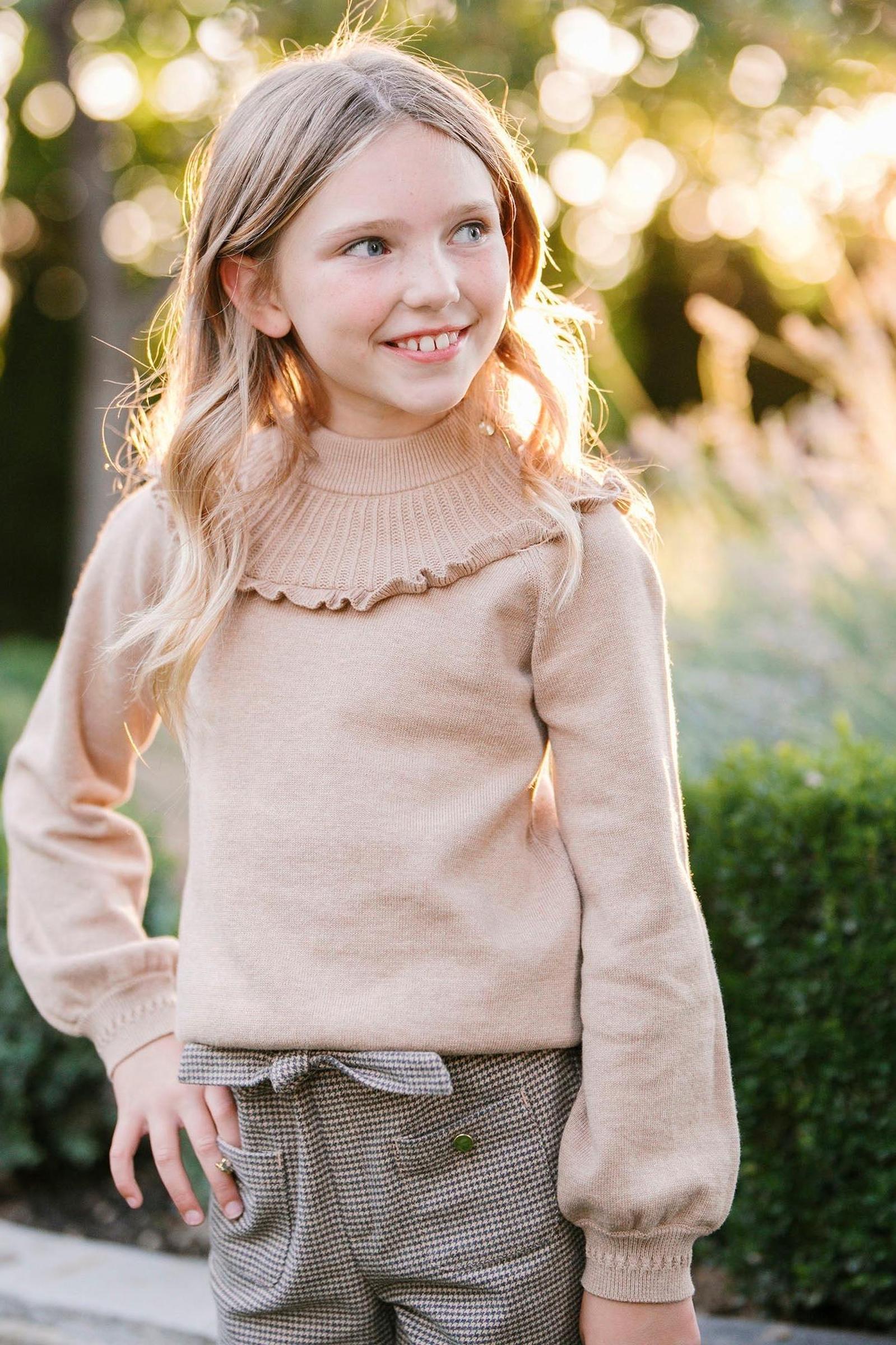 Organic Cotton Mock Neck Ruffle Sweater for Girls, Camel Heather Rib Knit, Toddler & Kids