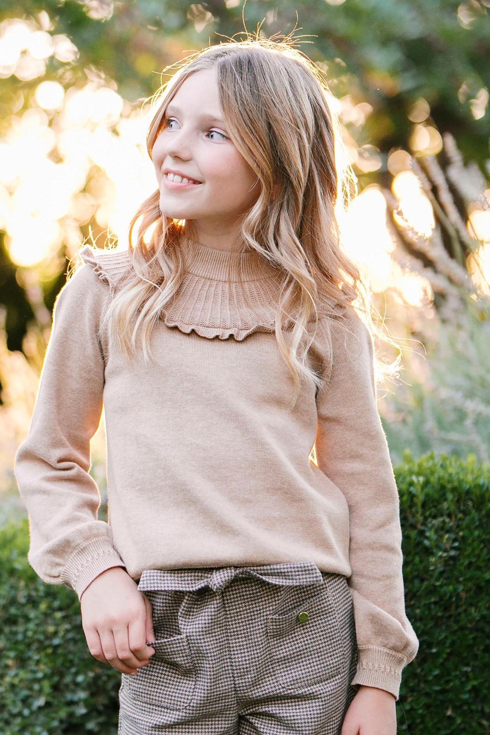 Organic Cotton Mock Neck Ruffle Sweater for Girls, Camel Heather Rib Knit, Toddler & Kids