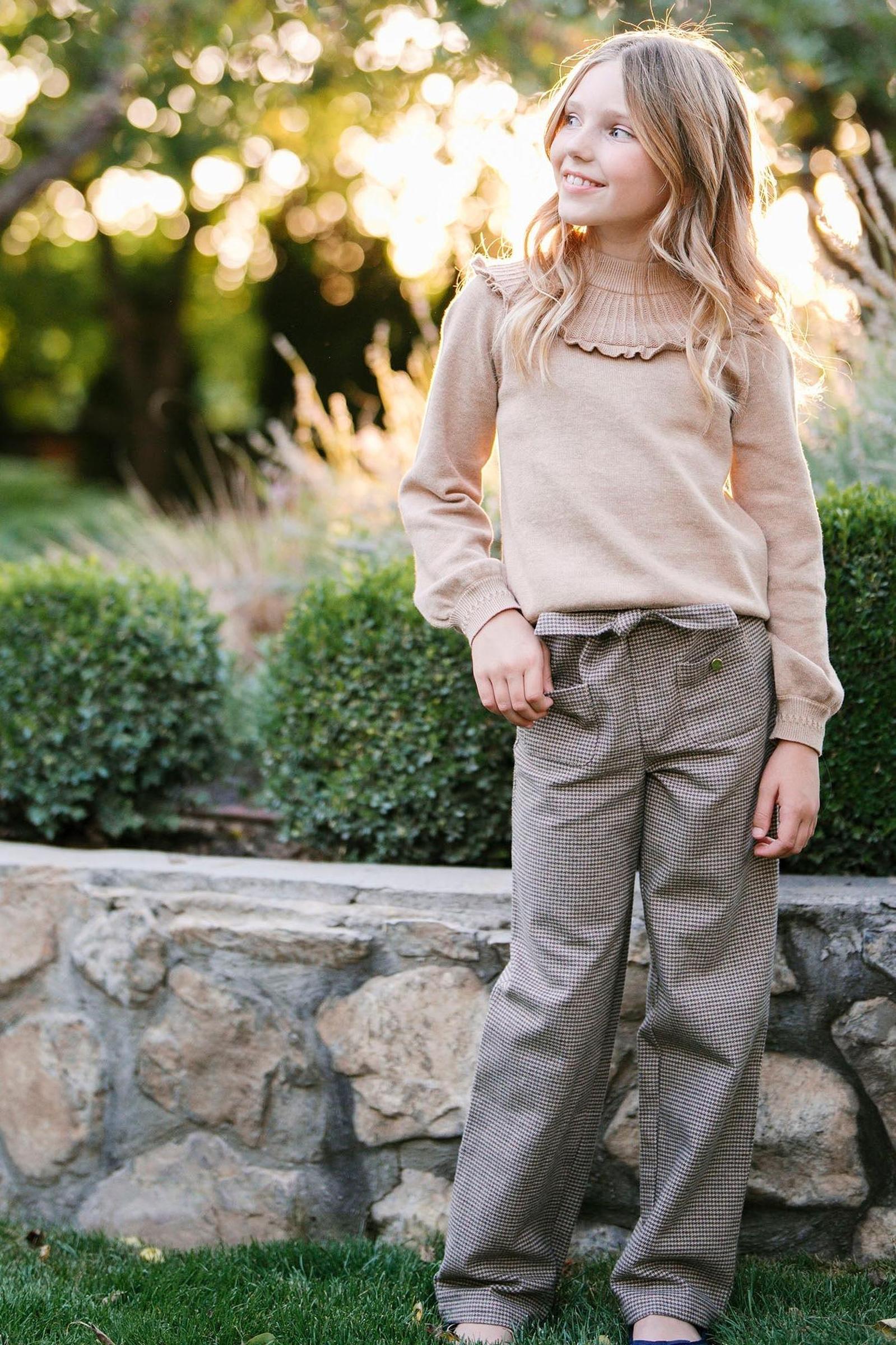 Organic Cotton Wide Leg Dress Pants, Camel Houndstooth, Toddler & Kids