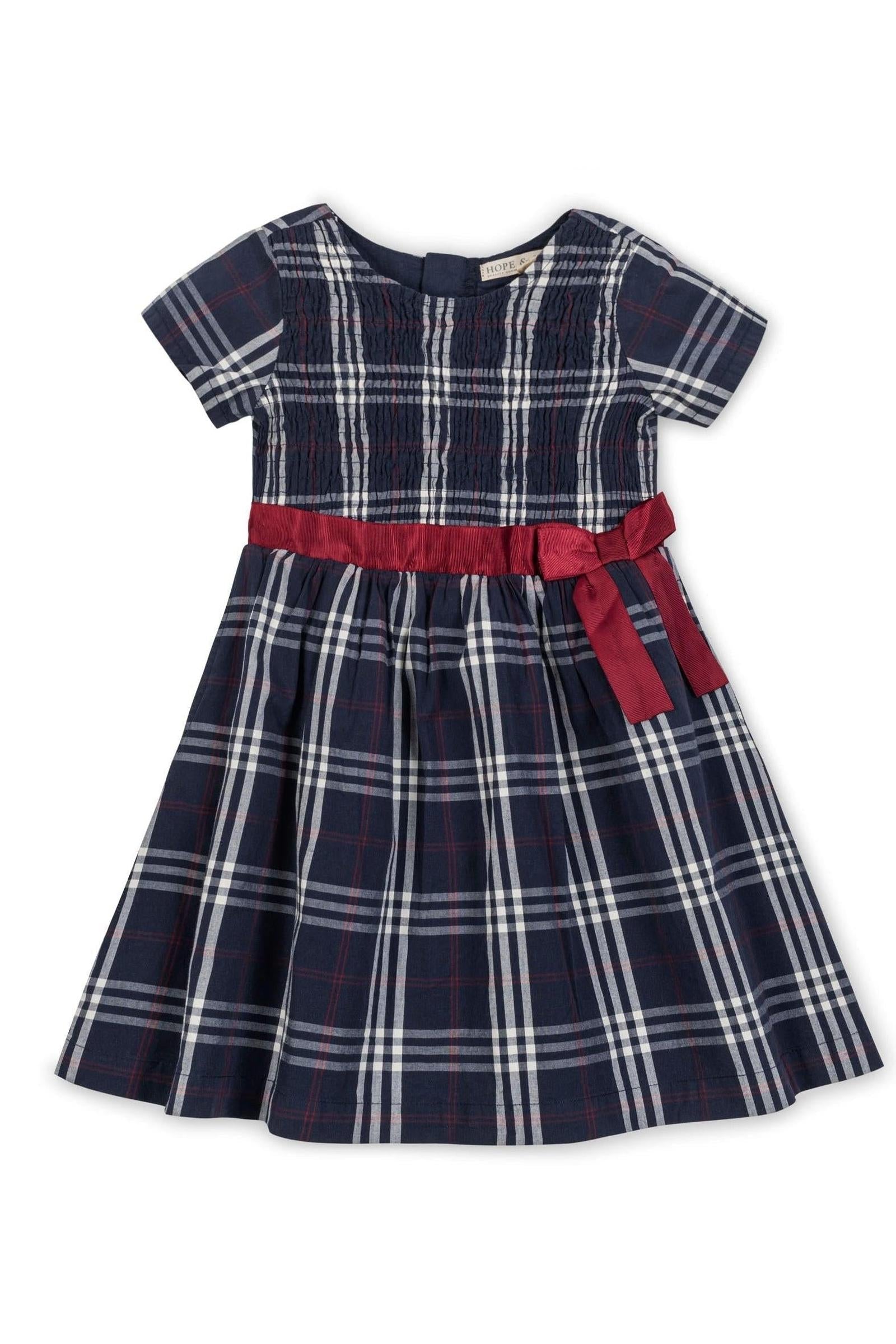 Organic Cotton Smocked Poplin Dress for Girls, Navy Plaid, Toddler & Kids