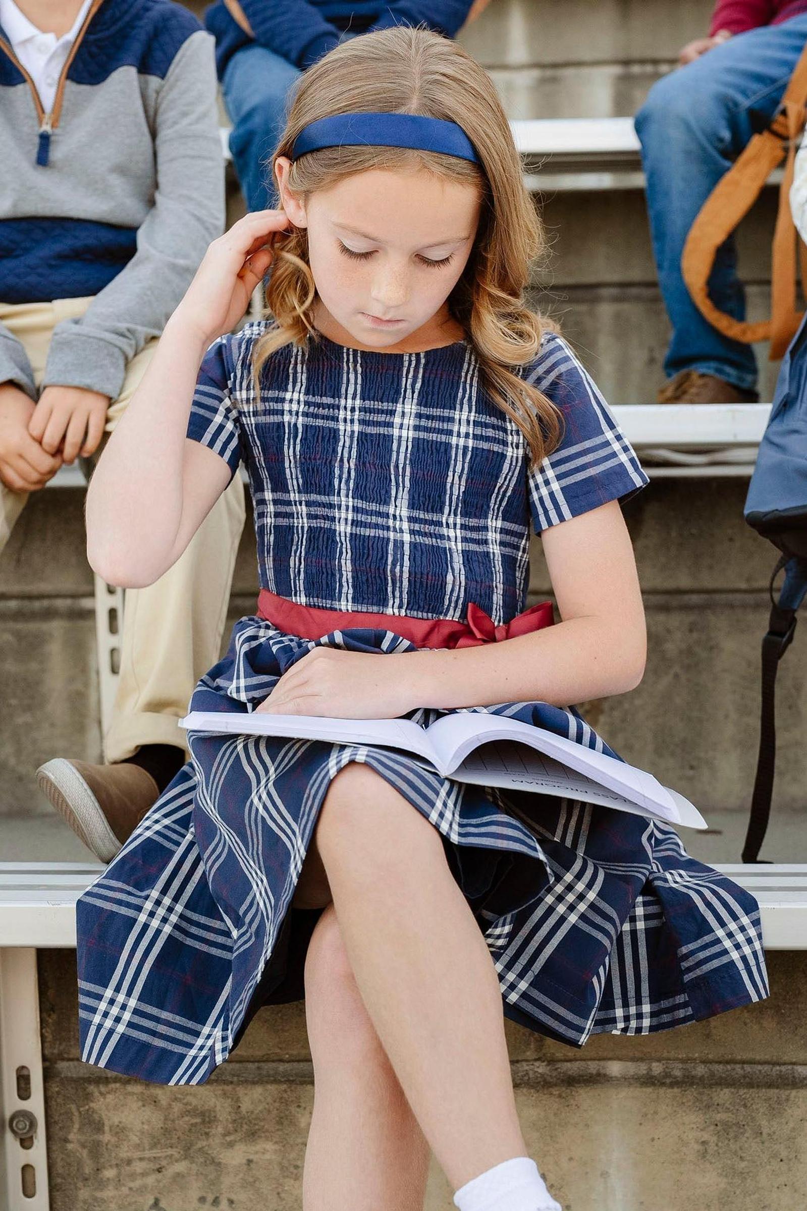Organic Cotton Smocked Poplin Dress for Girls, Navy Plaid, Toddler & Kids