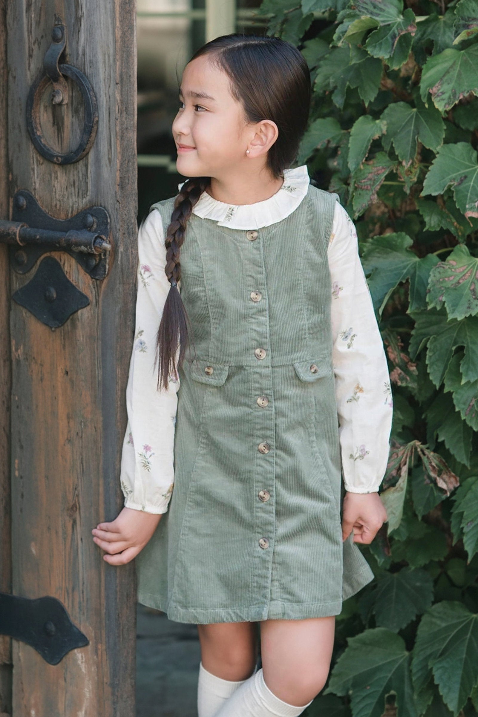 Organic Cotton Corduroy Jumper Dress for Girls, Sage Green, Toddler & Kids