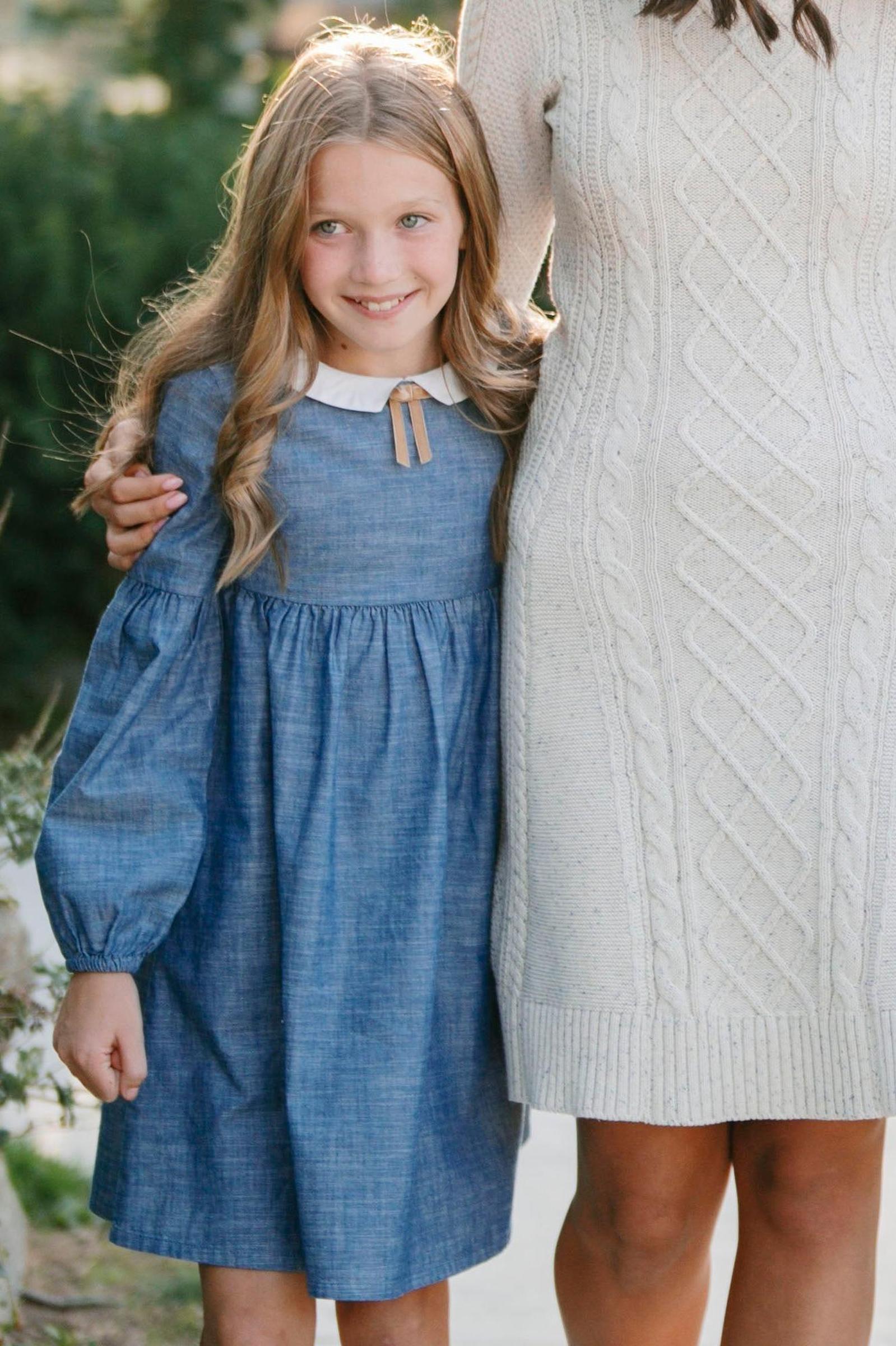 Organic Cotton Empire Dress with Peter Pan Collar for Girls, Chambray, Toddler & Kids