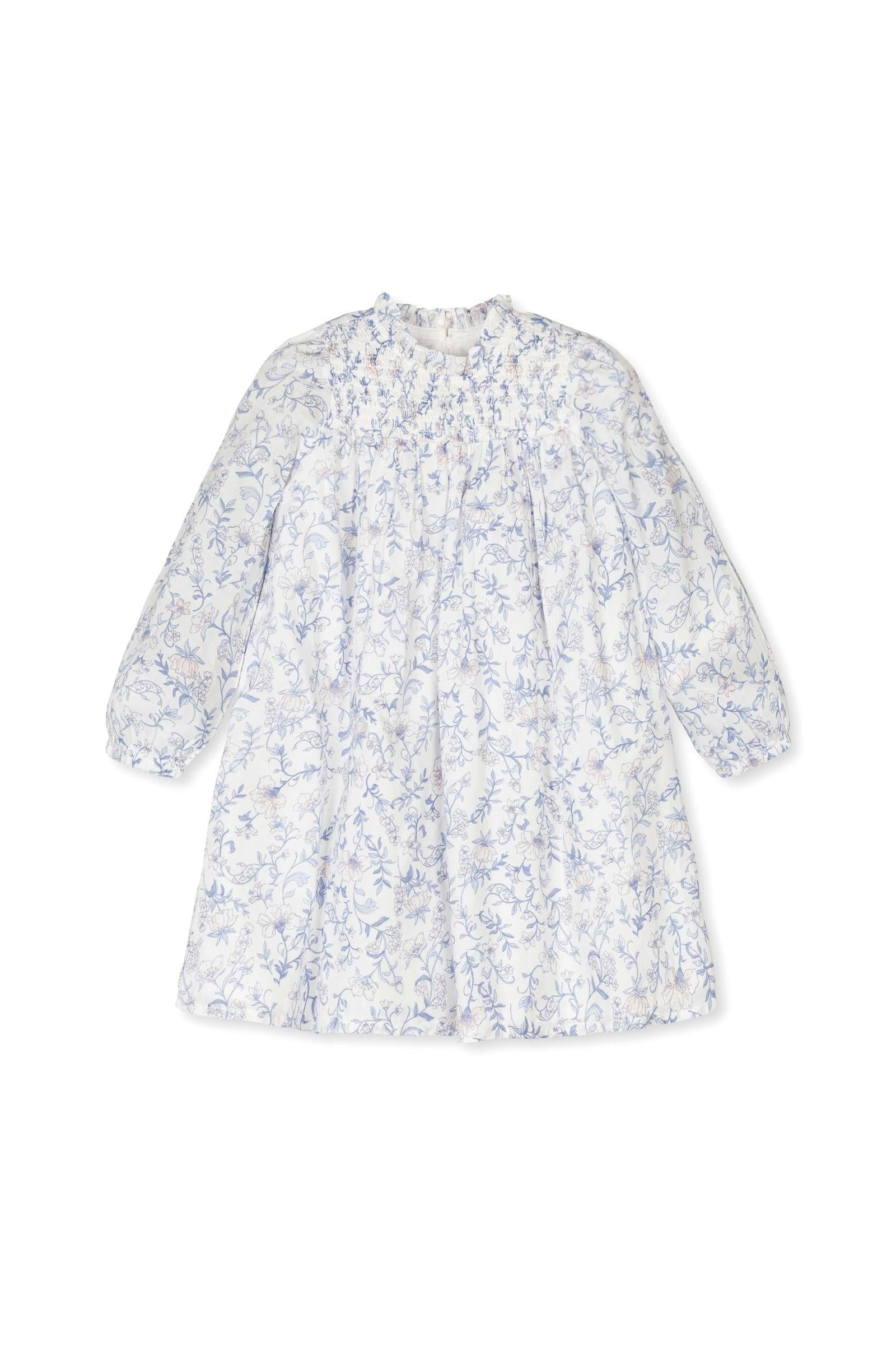 Organic Cotton Smocked Yoke Dress for Girls, White with Gray Toile Floral Print, Baby
