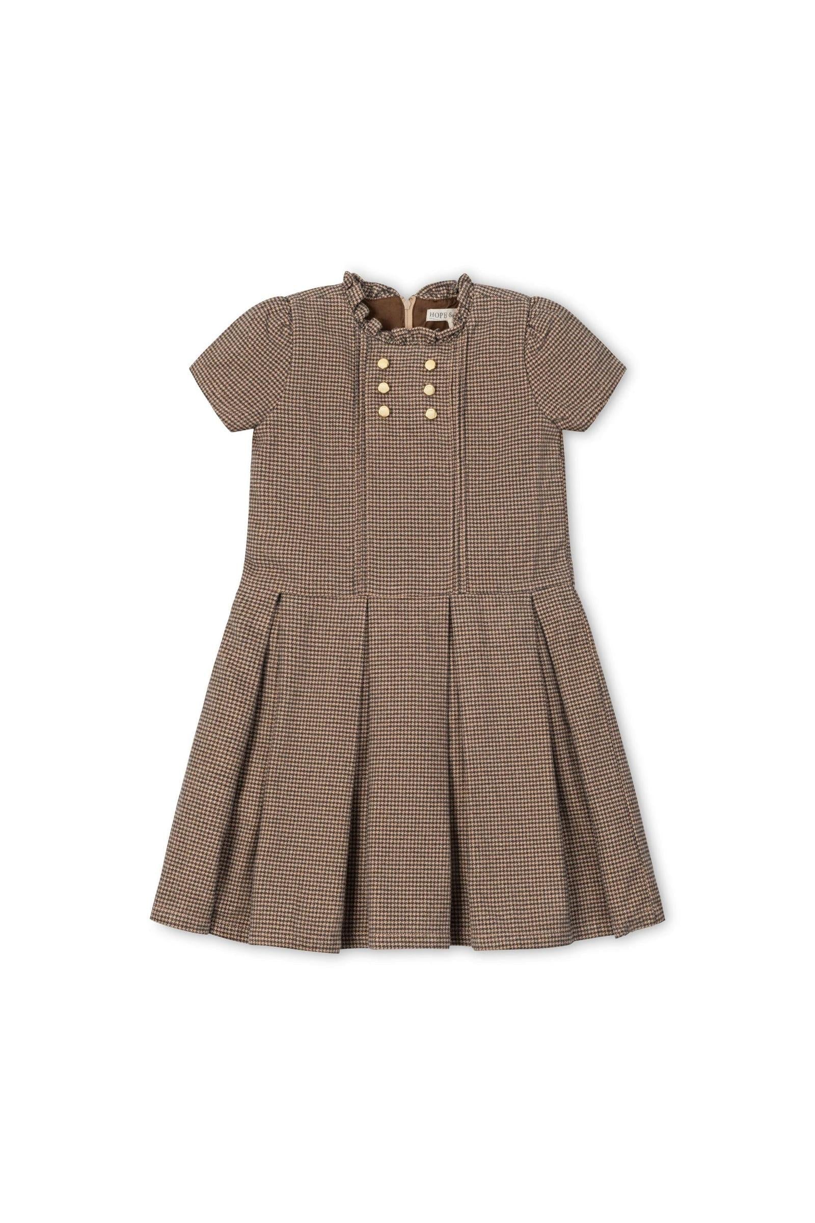 Organic Cotton Ruffle Collar Houndstooth Dress, Beige and Grey, Toddler & Kids