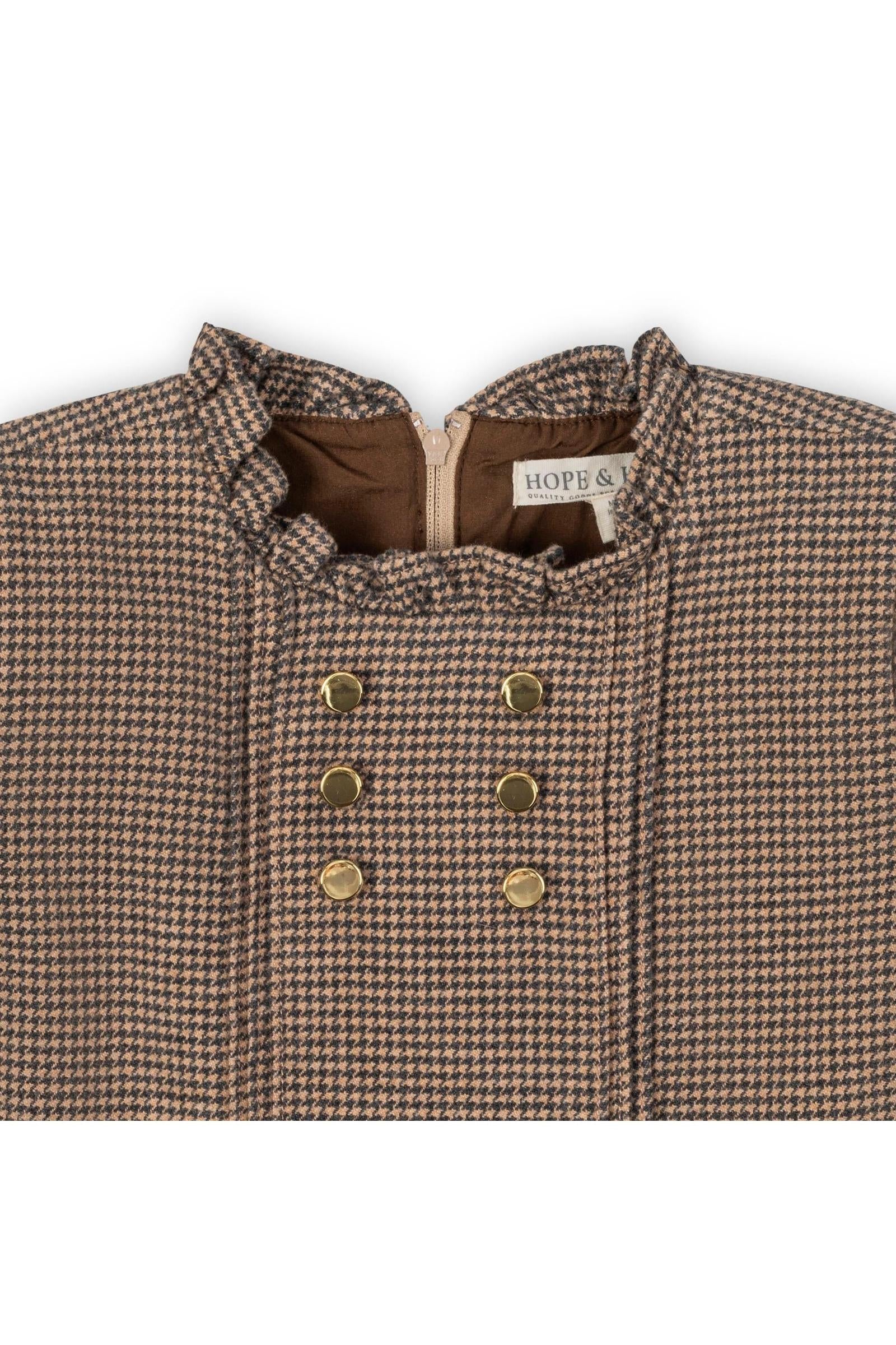 Organic Cotton Ruffle Collar Houndstooth Dress, Beige and Grey, Toddler & Kids