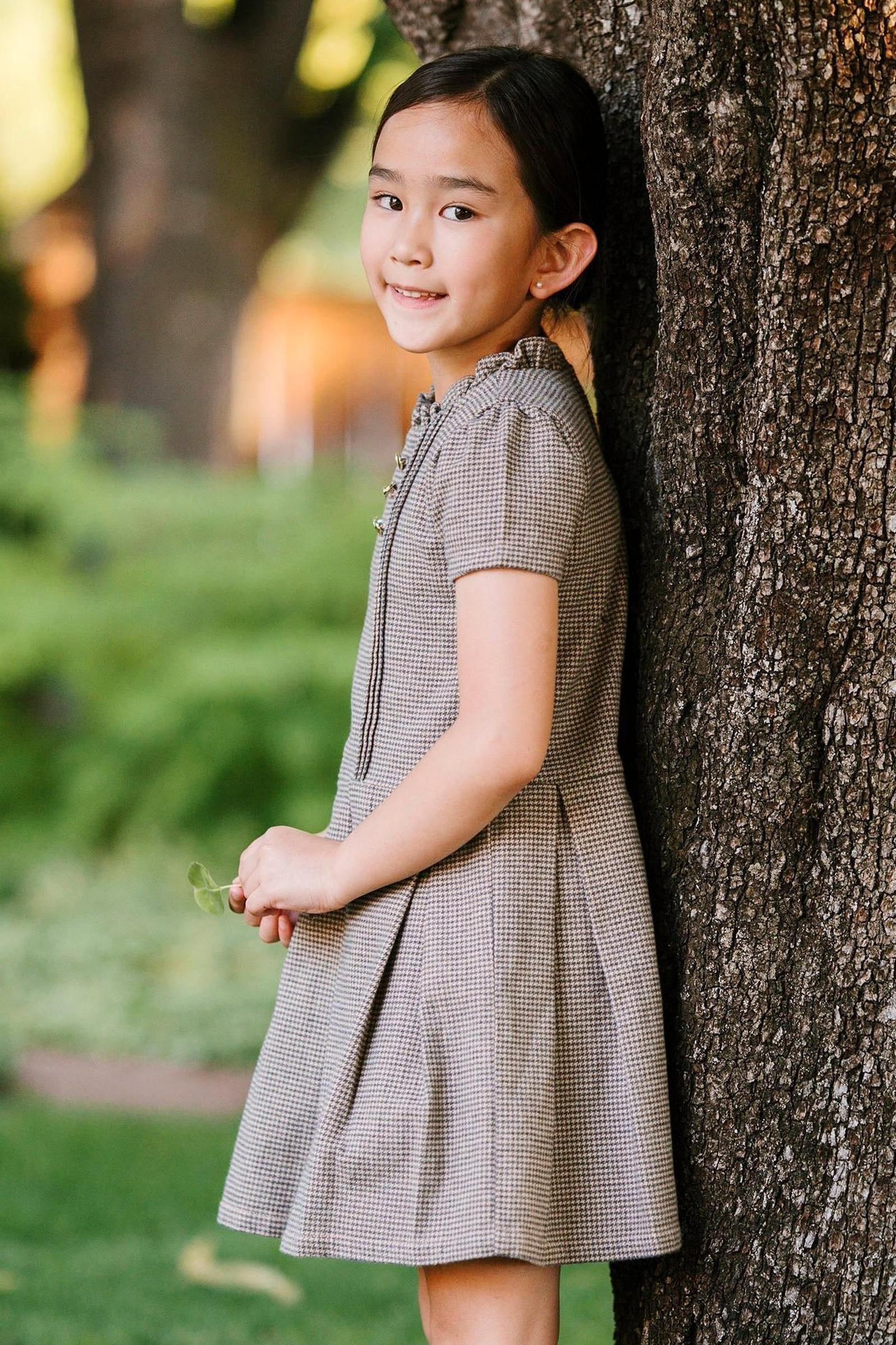 Organic Cotton Ruffle Collar Houndstooth Dress, Beige and Grey, Toddler & Kids