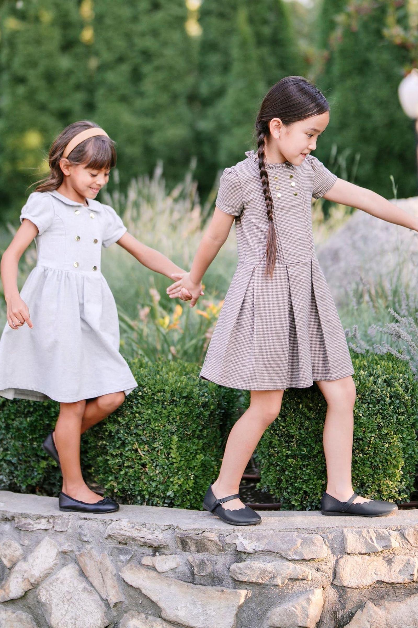 Organic Cotton Ruffle Collar Houndstooth Dress, Beige and Grey, Toddler & Kids