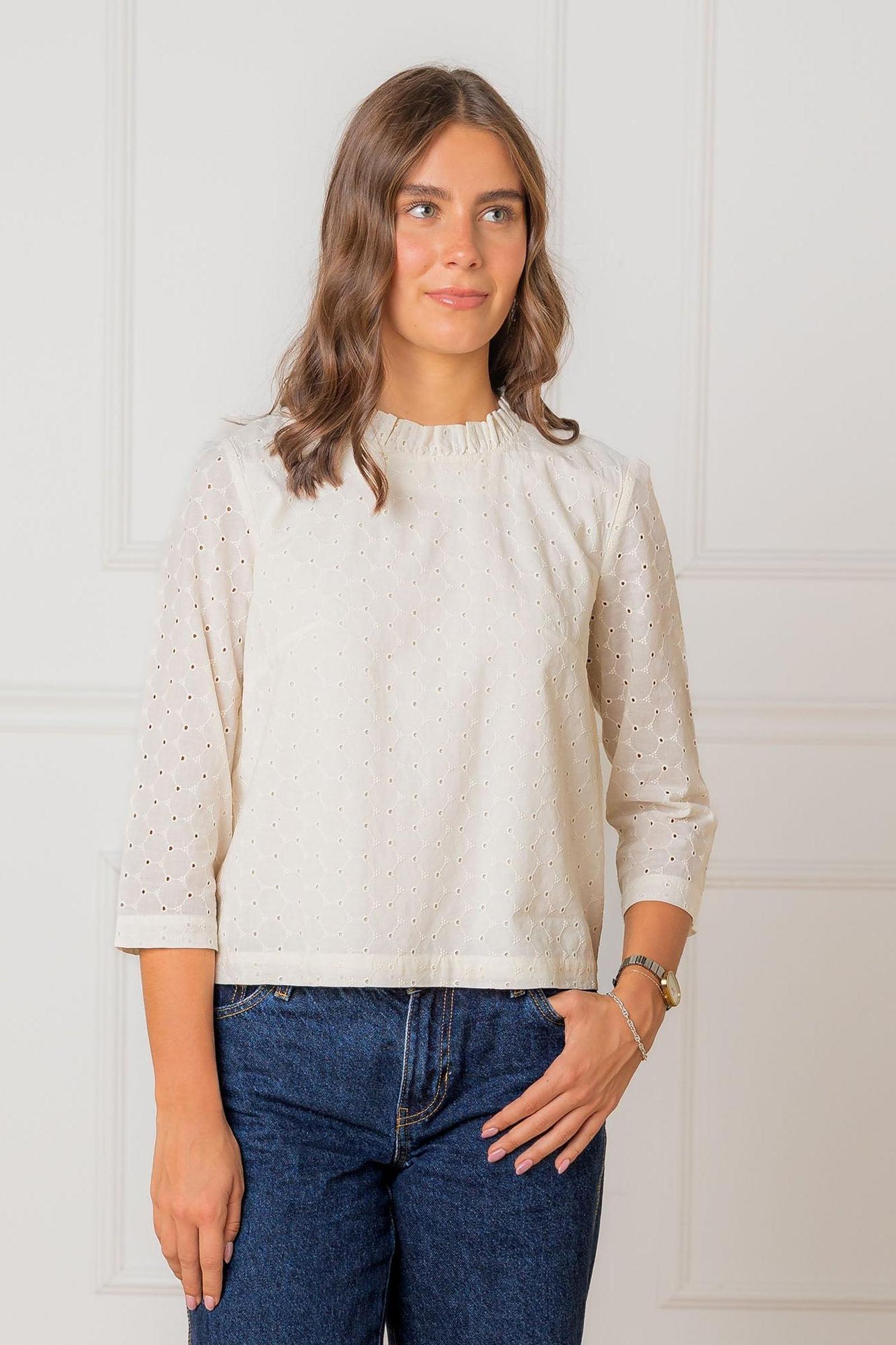 Organic Cotton Ruffle Neck Top, Ivory Eyelet, Women, Family Matching Outfits