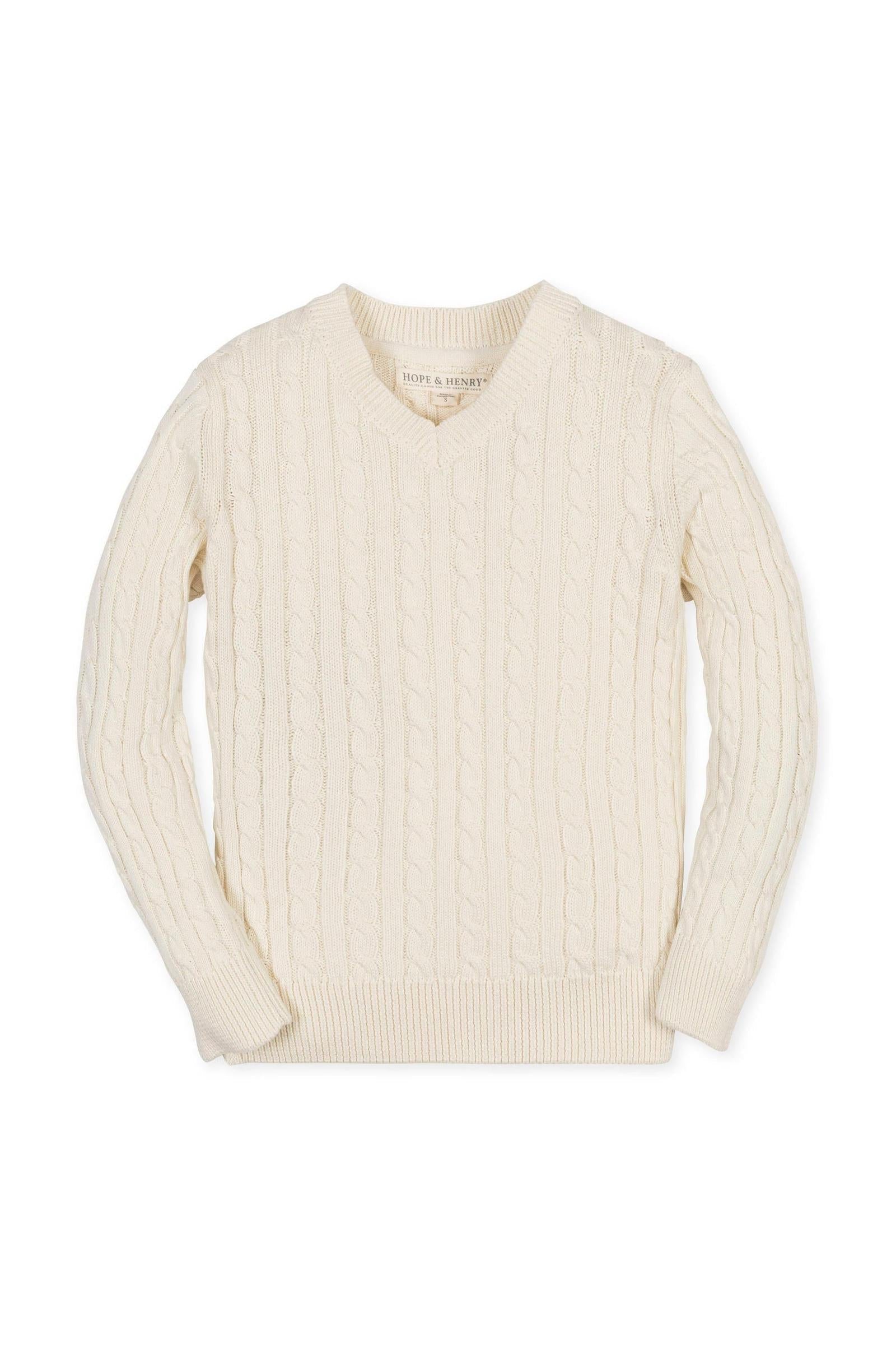 Organic Cotton V-Neck Cable Sweater, Ivory, Toddler & Kids