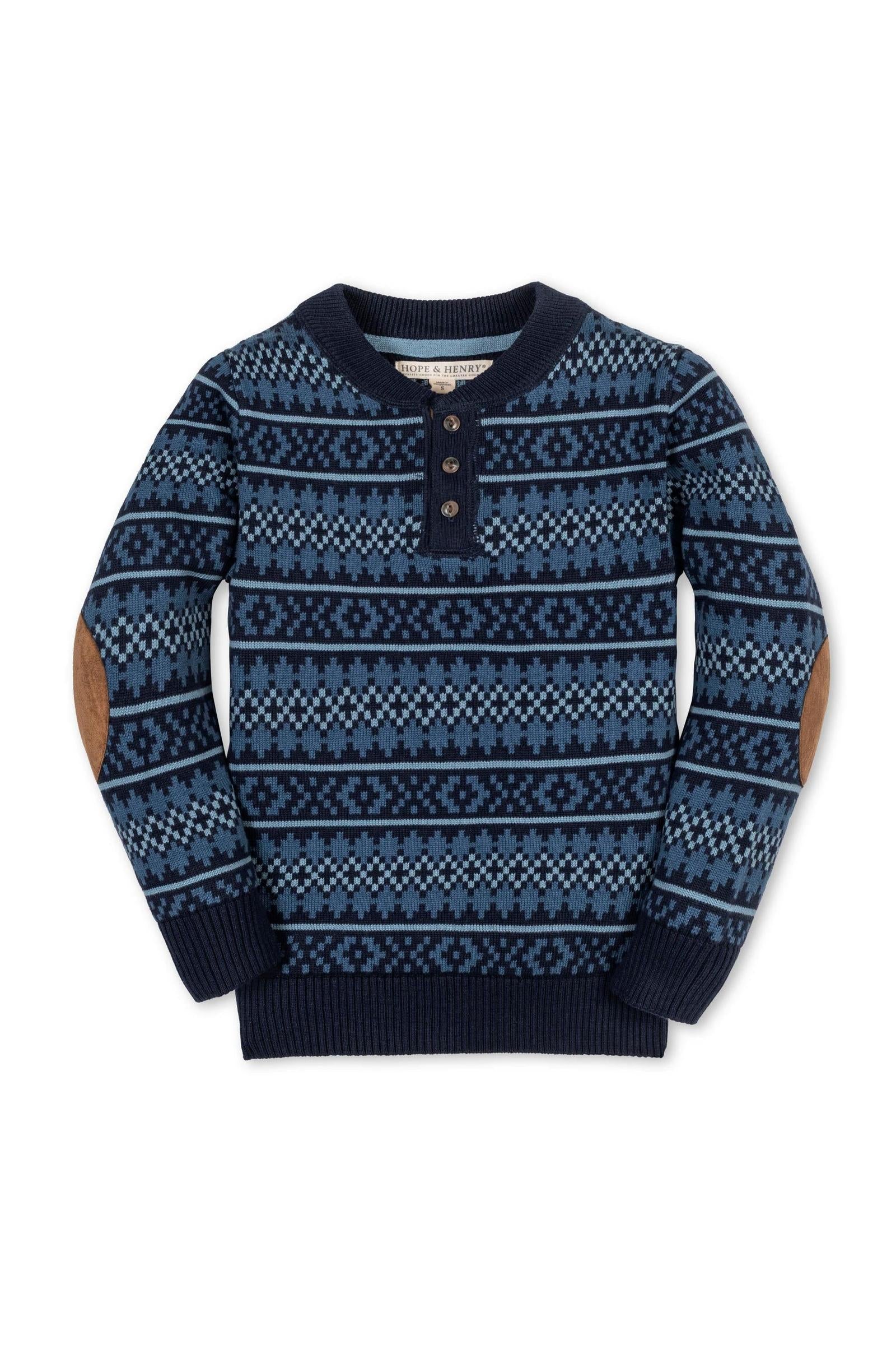 Organic Cotton Sweater Henley with Elbow Patches, Navy, Sizes 2-16