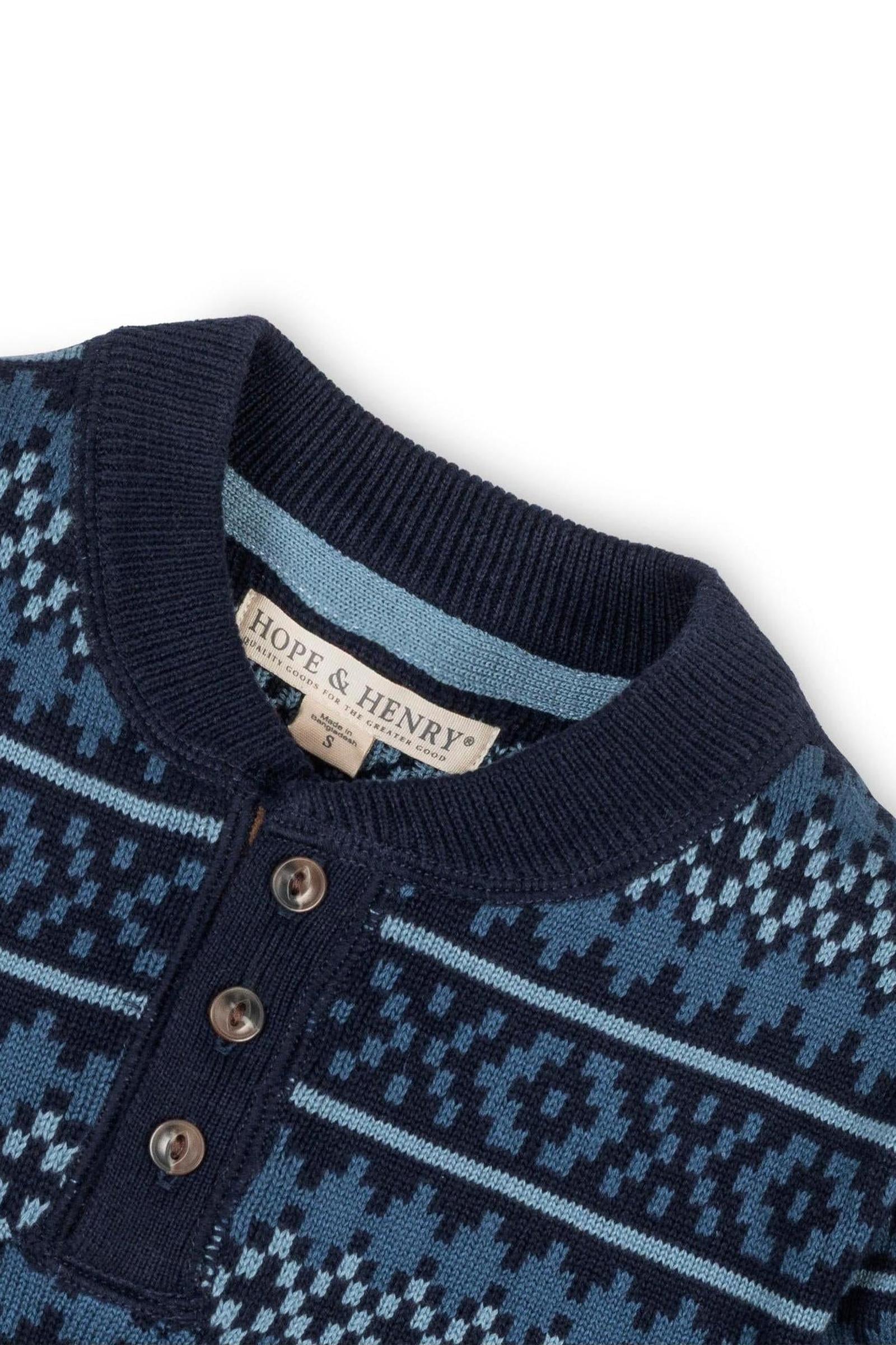 Organic Cotton Sweater Henley with Elbow Patches, Navy, Sizes 2-16