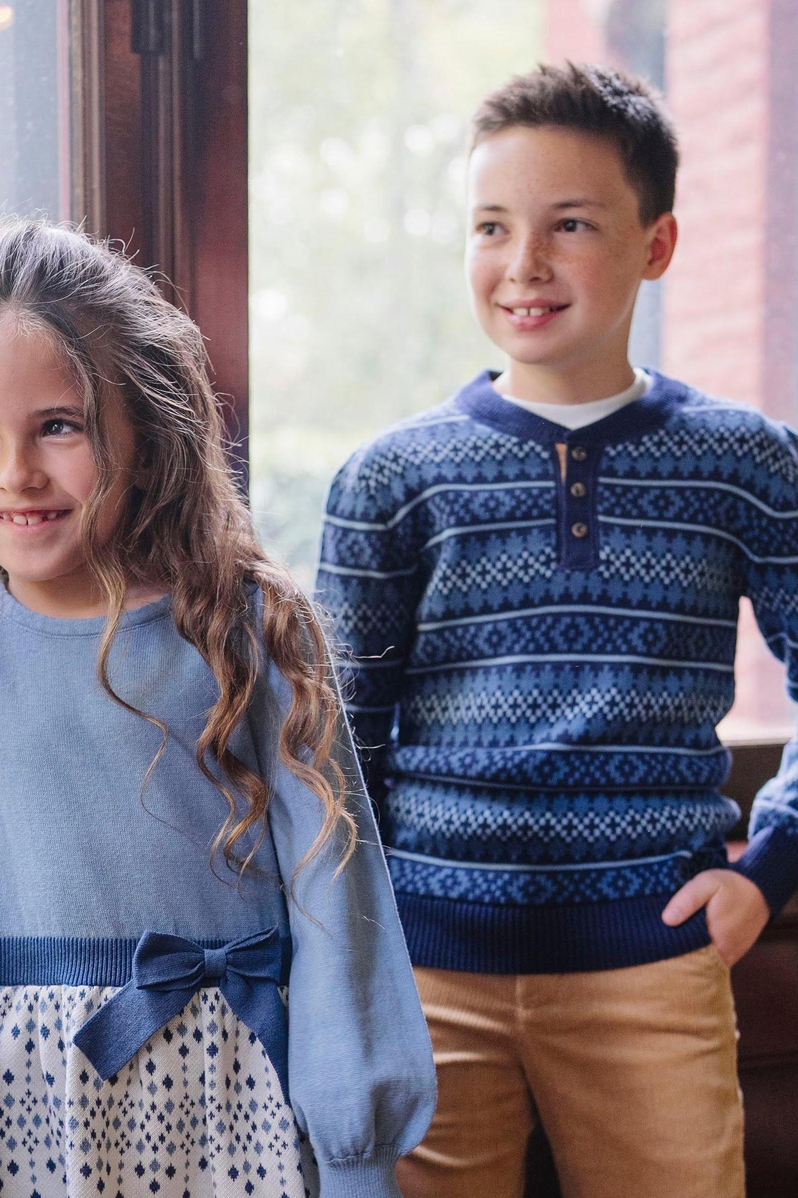 Organic Cotton Sweater Henley with Elbow Patches, Navy, Sizes 2-16