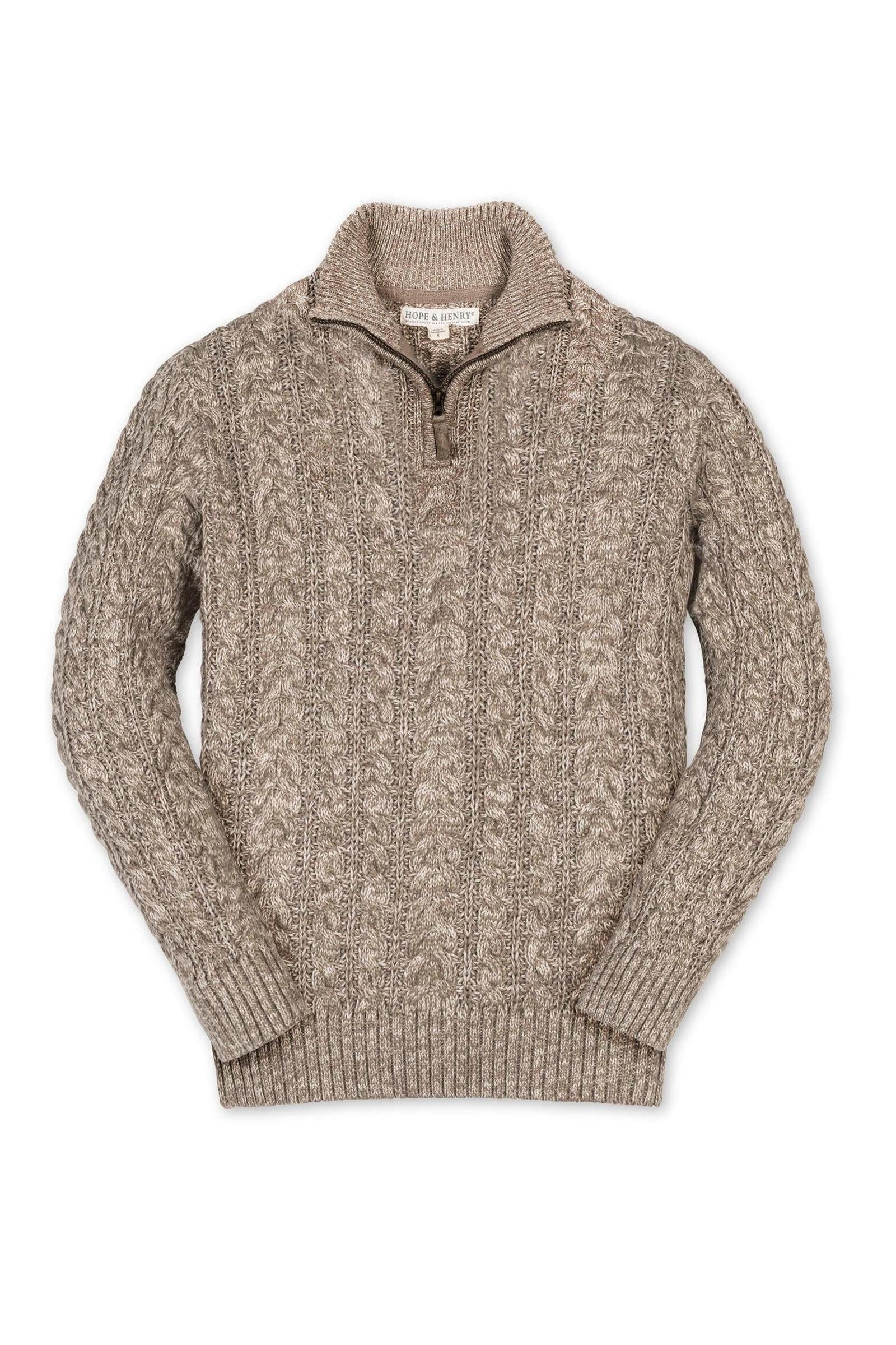 Organic Cotton Half Zip Cable Knit Sweater for Boys, Taupe Marl, Sizes 2–16