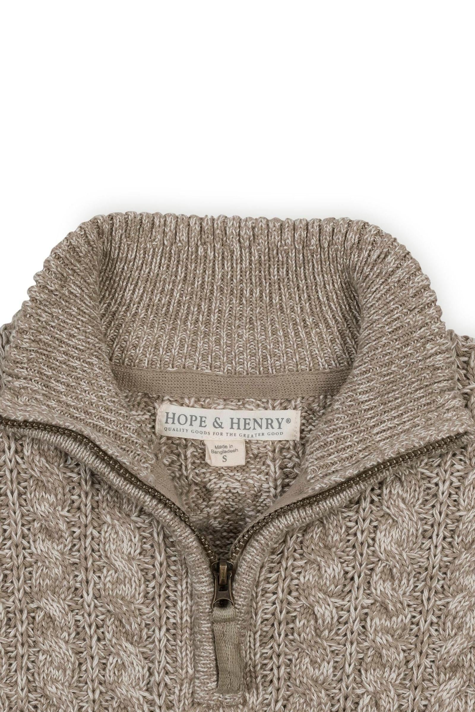 Organic Cotton Half Zip Cable Knit Sweater for Boys, Taupe Marl, Sizes 2–16
