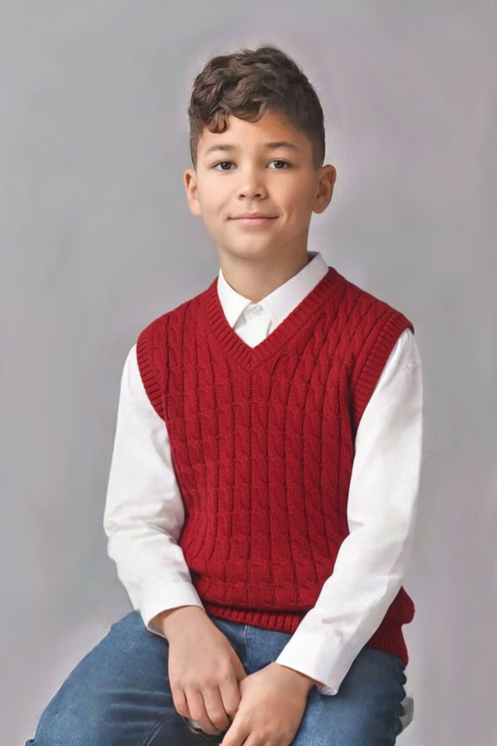 Red Organic Cotton Cable Knit Sweater Vest for Boys, Sizes 2T-18
