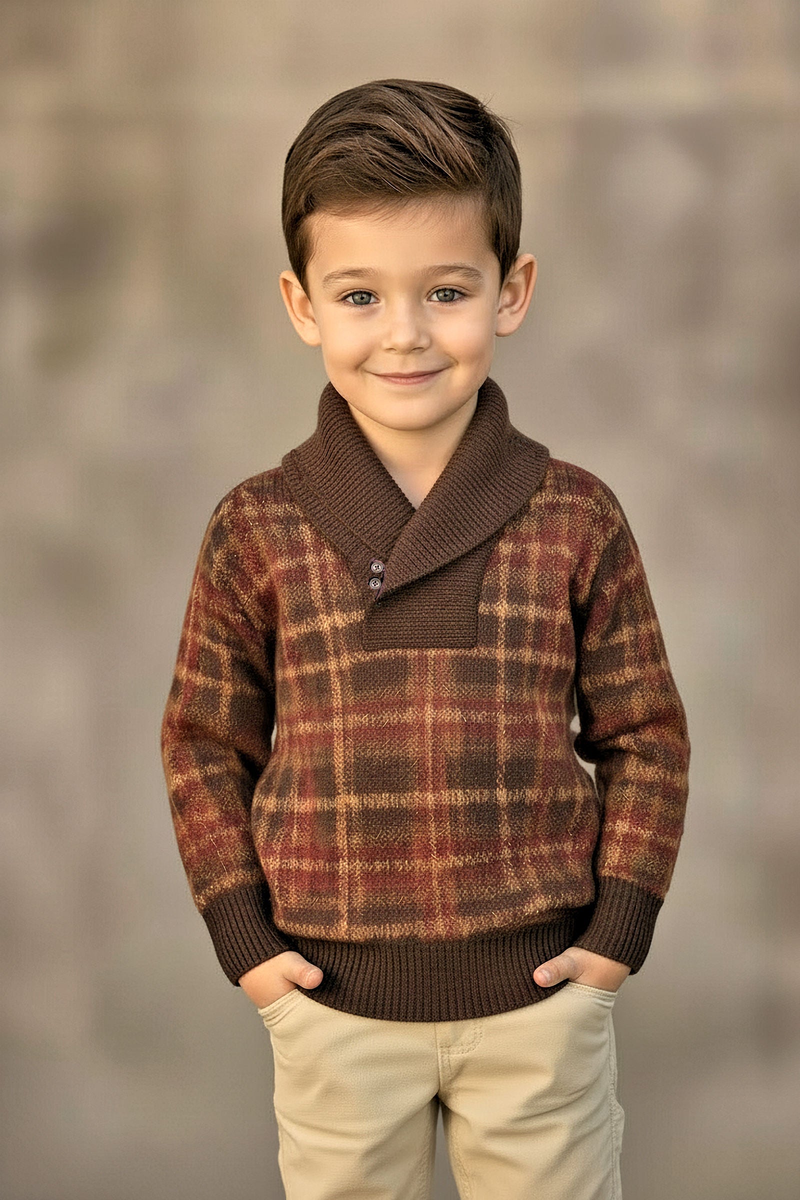 Organic Cotton Intarsia Shawl Collar Sweater with Elbow Patches For Boys, Brown Plaid, Toddler & Kids