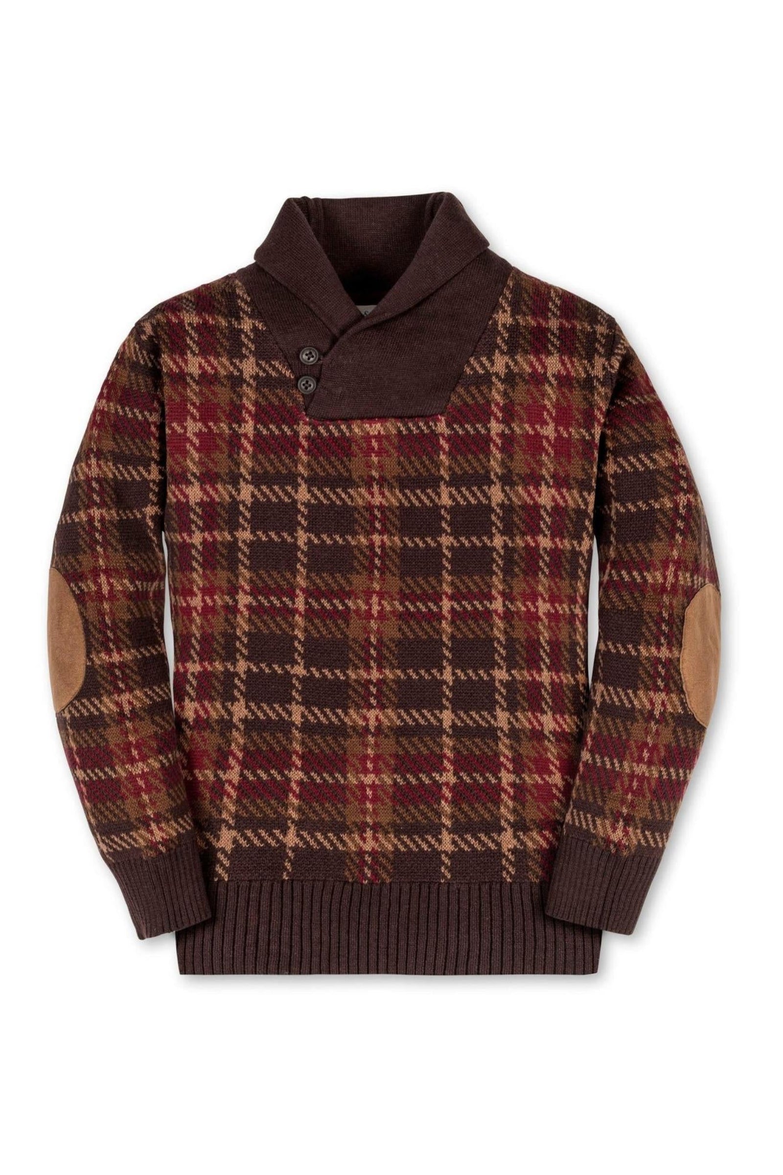 Organic Cotton Intarsia Shawl Collar Sweater with Elbow Patches For Boys, Brown Plaid, Toddler & Kids