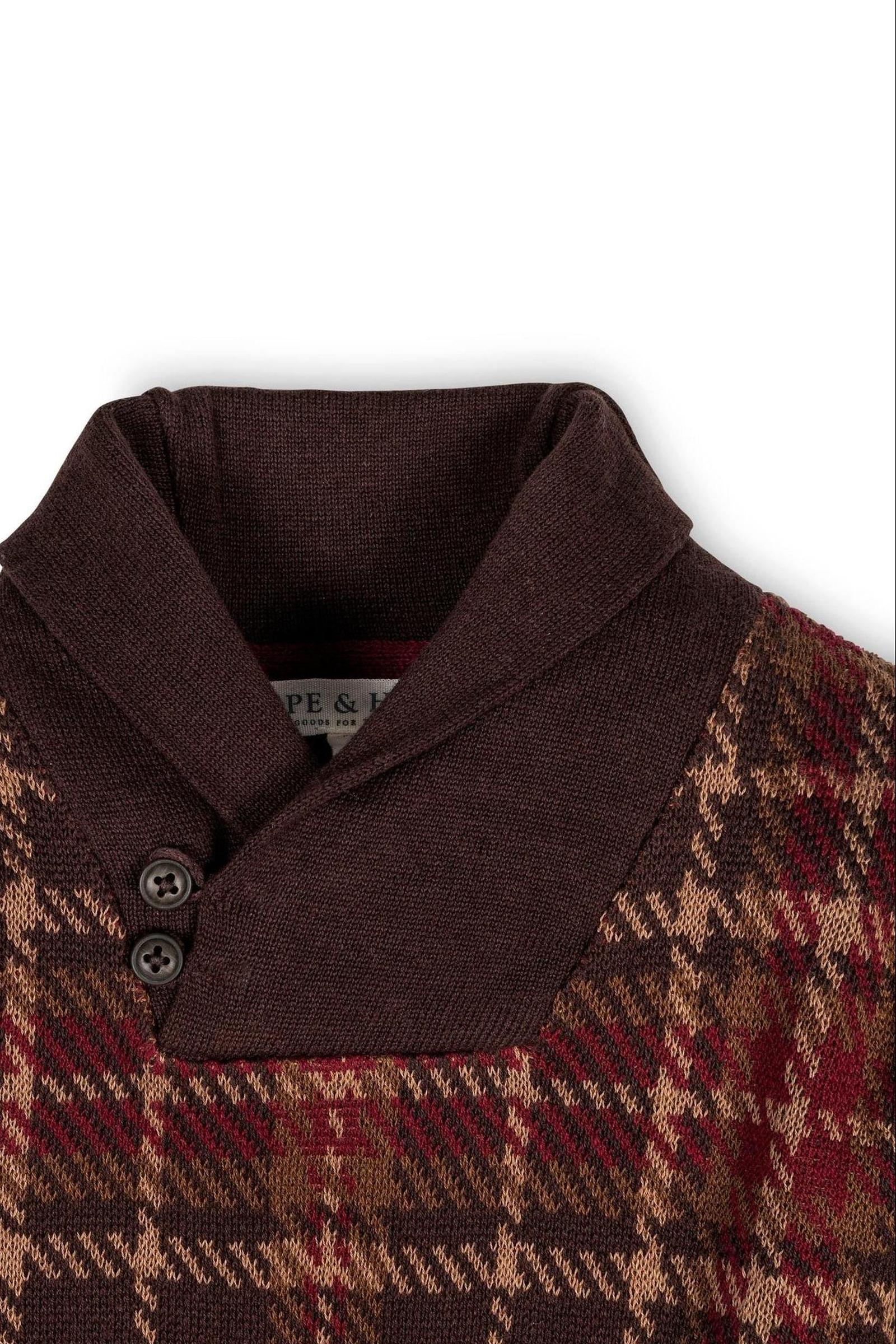 Organic Cotton Intarsia Shawl Collar Sweater with Elbow Patches For Boys, Brown Plaid, Toddler & Kids
