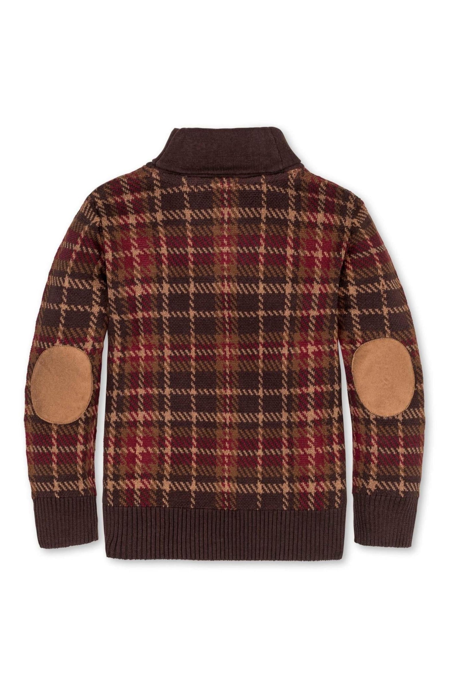 Organic Cotton Intarsia Shawl Collar Sweater with Elbow Patches For Boys, Brown Plaid, Toddler & Kids